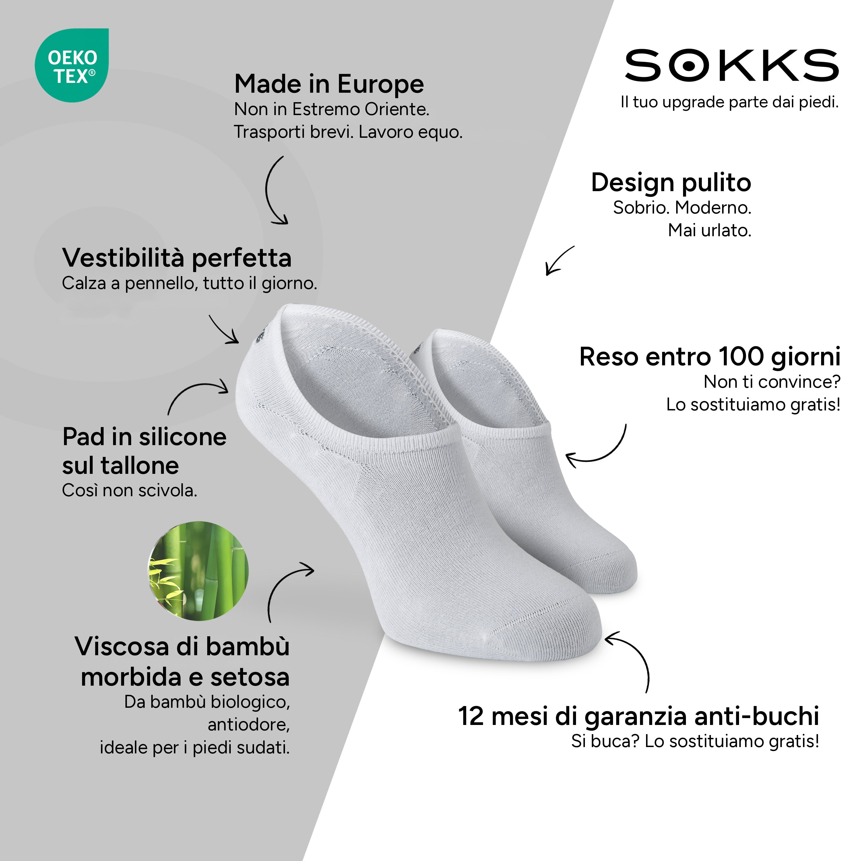 SOKKS Fantasmini Bianco – calzini invisibili per sneaker in Viscosa di Bambù — Vantaggi: Made in Europe, bambù biologico, reso entro 100 giorni, 12 mesi di garanzia anti-buchi