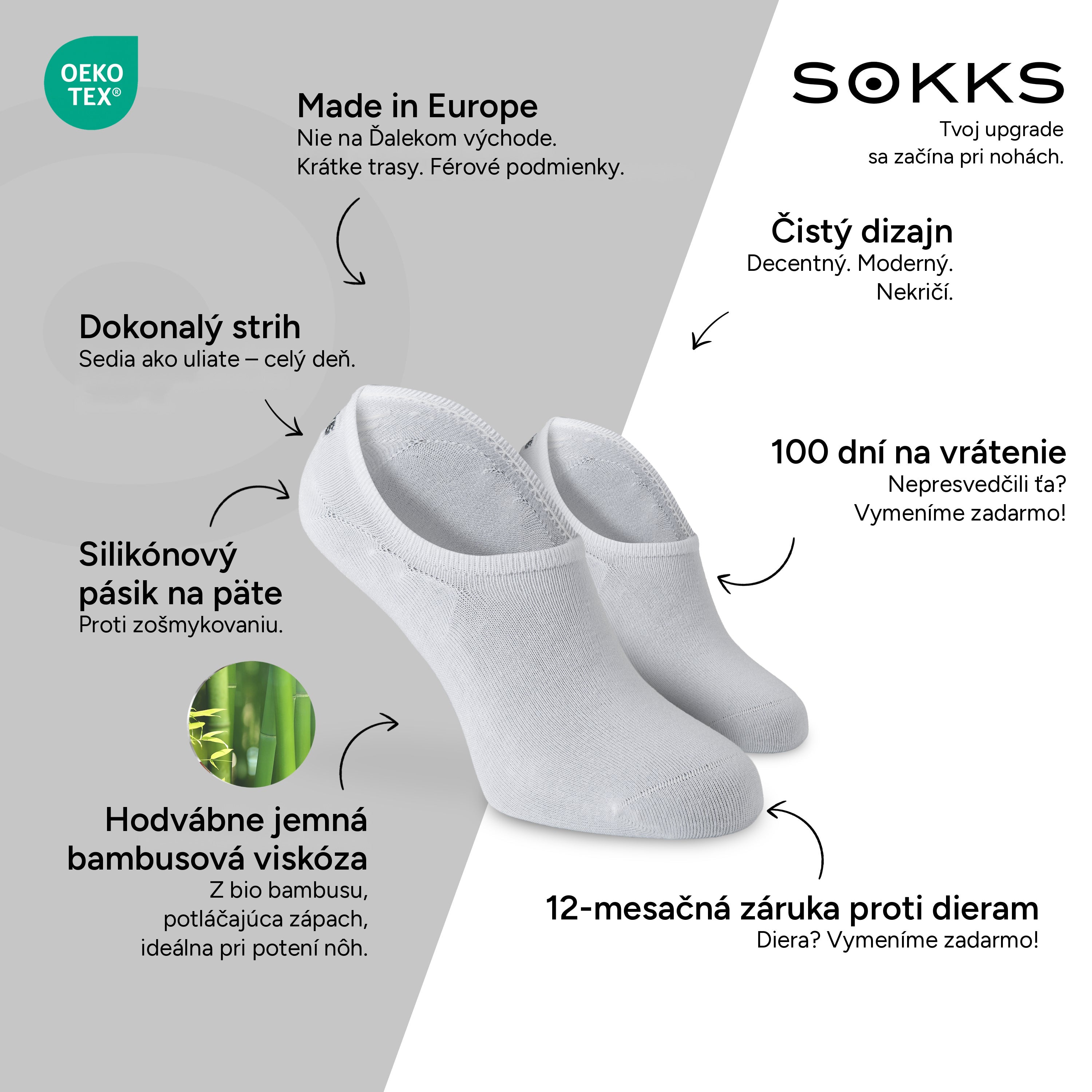 SOKKS Neviditeľné ponožky Biele – neviditeľné ponožky k teniskám z bambusovej viskózy — Výhody: Made in Europe, bio bambus, 100 dní na vrátenie, 12-mesačná záruka proti dieram