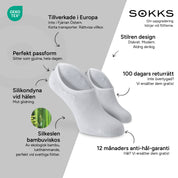 SOKKS Osynliga Strumpor Vit – osynliga sneakerstrumpor i Bambuviskos — Fördelar: Tillverkade i Europa, ekologisk bambu, 100 dagars returrätt, 12 månaders anti-hål-garanti