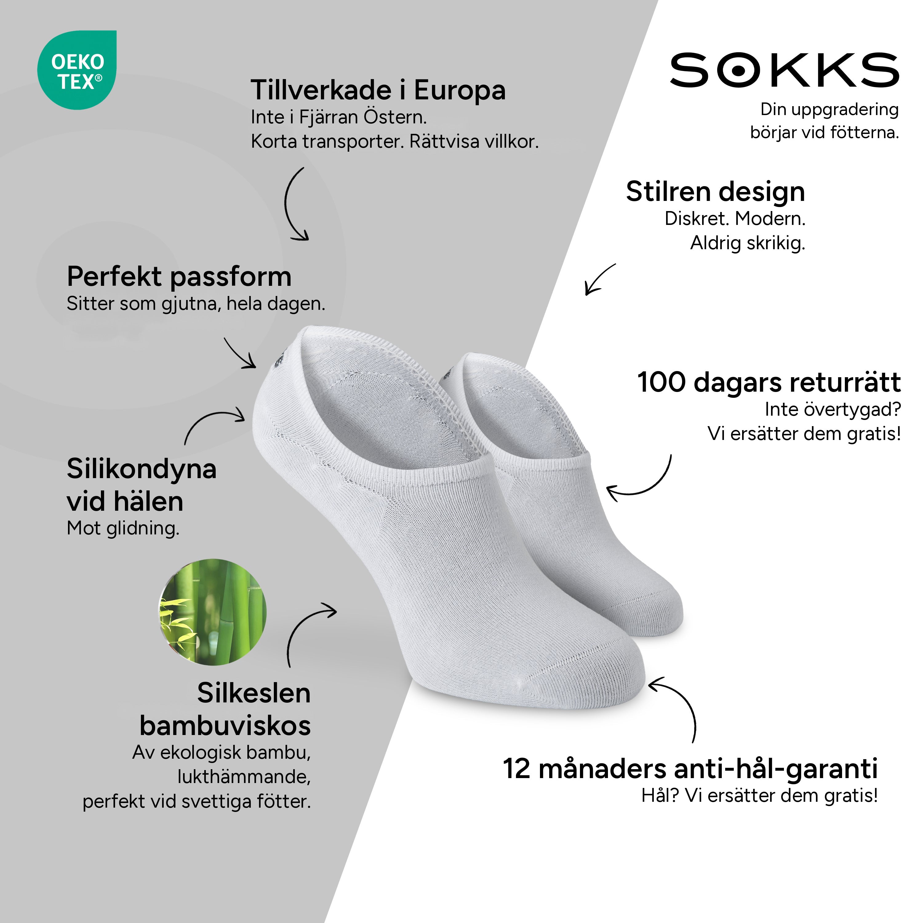 SOKKS Osynliga Strumpor Vit – osynliga sneakerstrumpor i Bambuviskos — Fördelar: Tillverkade i Europa, ekologisk bambu, 100 dagars returrätt, 12 månaders anti-hål-garanti