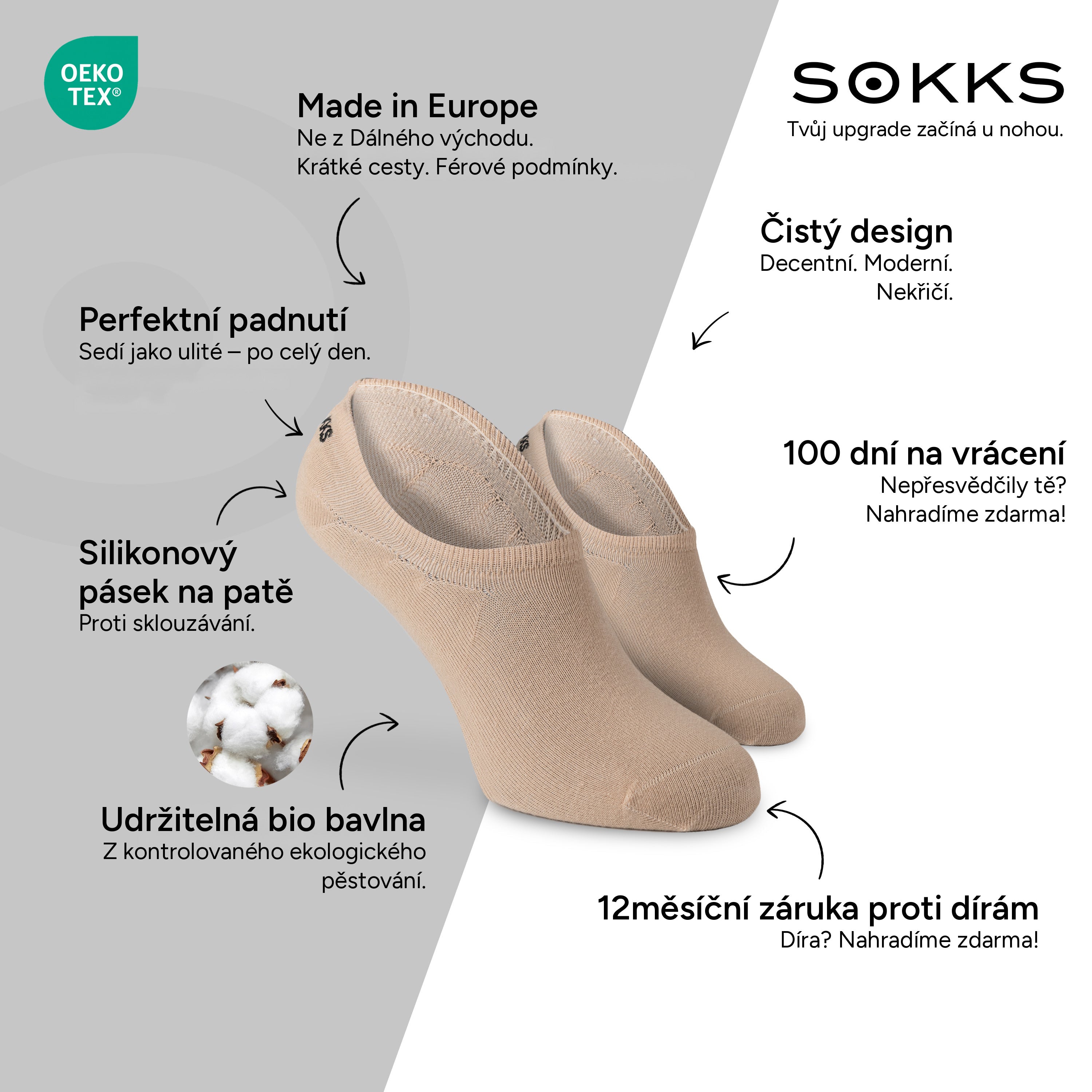SOKKS Neviditelné ponožky Tmavě béžové – neviditelné ponožky ke sneakerům z bavlny — Výhody: Made in Europe, bio bavlna, 100 dní na vrácení, 12měsíční záruka proti dírám