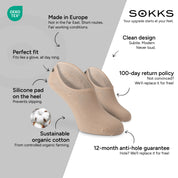 SOKKS No-Show Socks Dark Beige – invisible sneaker socks in Cotton — Benefits: Made in Europe, organic cotton, 100-day return policy, 12-month anti-hole guarantee