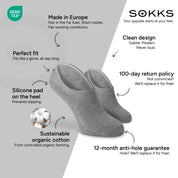 SOKKS No-Show Socks Grey – invisible sneaker socks in Cotton — Benefits: Made in Europe, organic cotton, 100-day return policy, 12-month anti-hole guarantee