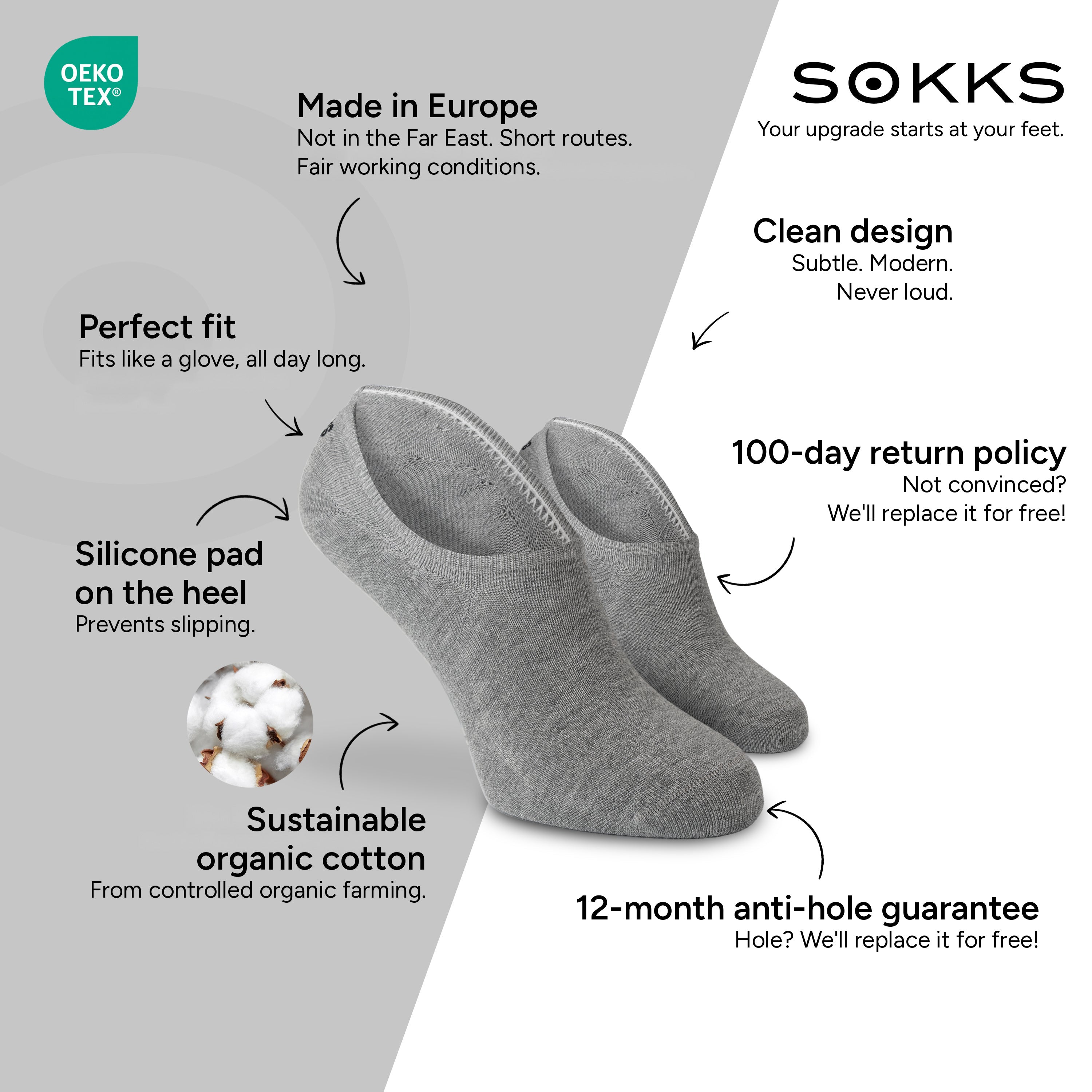 SOKKS No-Show Socks Grey – invisible sneaker socks in Cotton — Benefits: Made in Europe, organic cotton, 100-day return policy, 12-month anti-hole guarantee