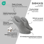 SOKKS Stopki Szare – niewidoczne skarpetki do sneakersów z Bawełny — Zalety: Made in Europe, bawełna organiczna, 100 dni na zwrot, 12-miesięczna gwarancja na dziury