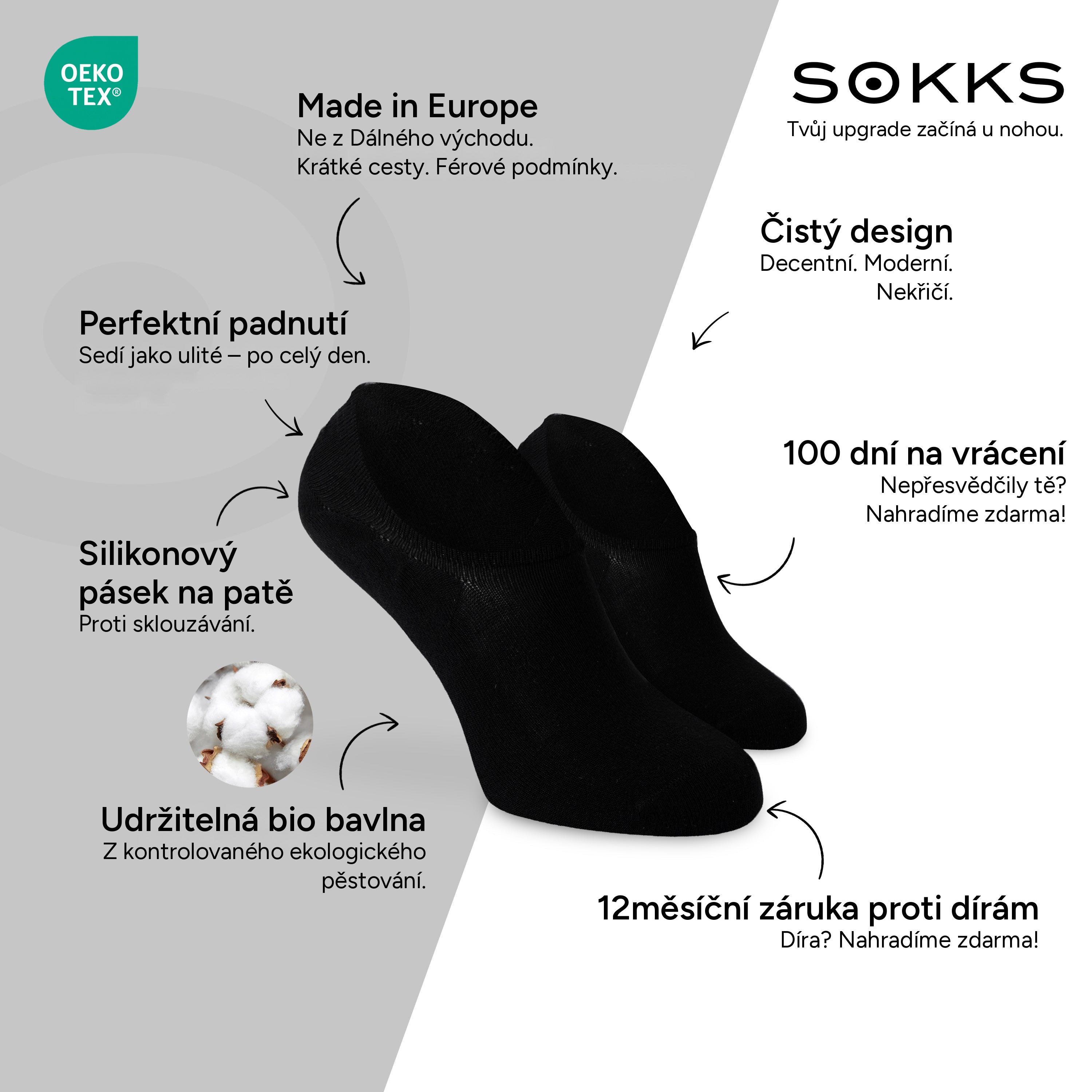 SOKKS Neviditelné ponožky Černé – neviditelné ponožky ke sneakerům z bavlny — Výhody: Made in Europe, bio bavlna, 100 dní na vrácení, 12měsíční záruka proti dírám