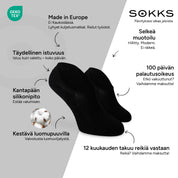 SOKKS Varrettomat sukat Mustat – näkymättömät sneakersukat, puuvillaa — Edut: Made in Europe, luomupuuvilla, 100 päivän palautusoikeus, 12 kuukauden takuu reikiä vastaan