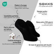 SOKKS Fantasmini Nero – calzini invisibili per sneaker in Cotone — Vantaggi: Made in Europe, cotone biologico, reso entro 100 giorni, 12 mesi di garanzia anti-buchi