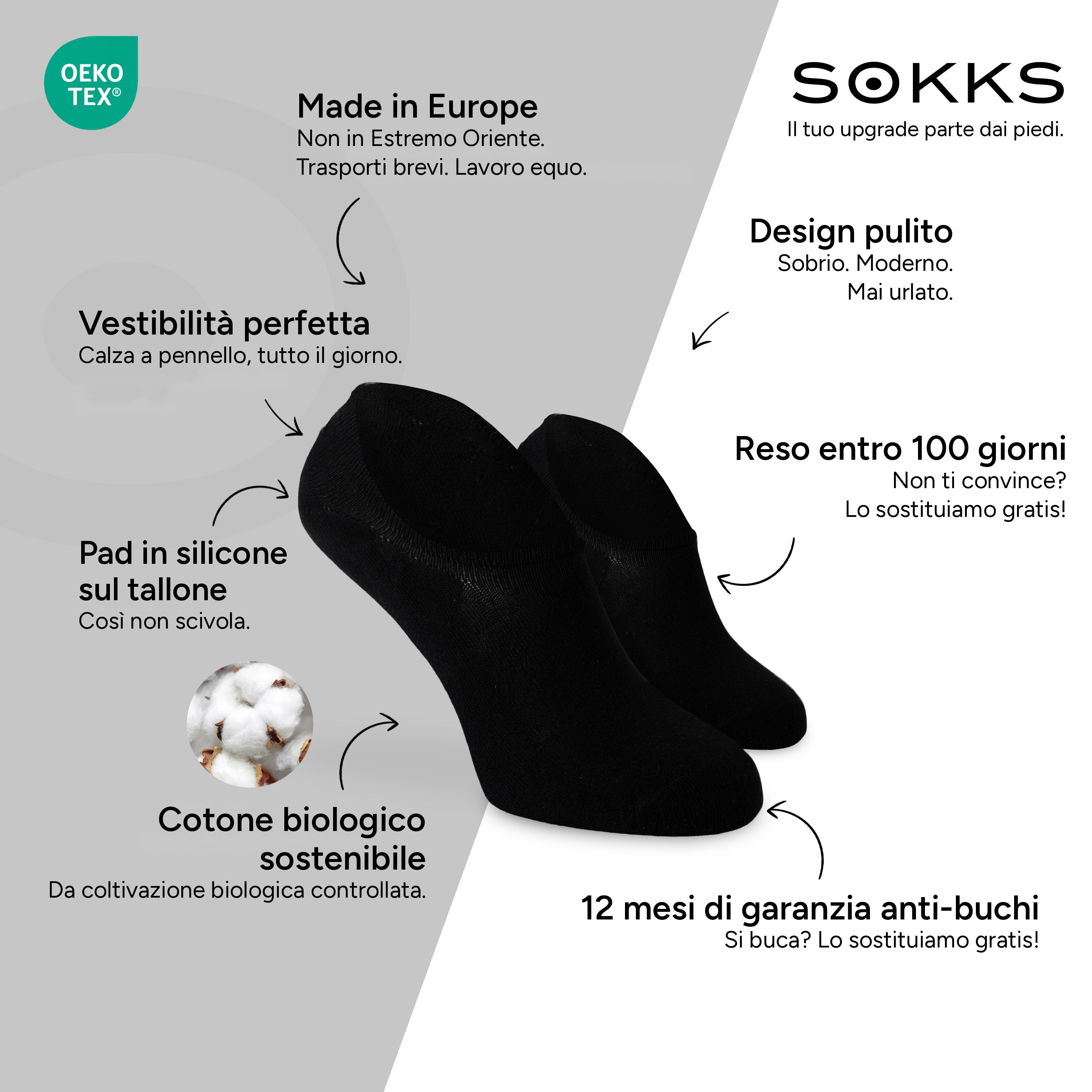 SOKKS Fantasmini Nero – calzini invisibili per sneaker in Cotone — Vantaggi: Made in Europe, cotone biologico, reso entro 100 giorni, 12 mesi di garanzia anti-buchi