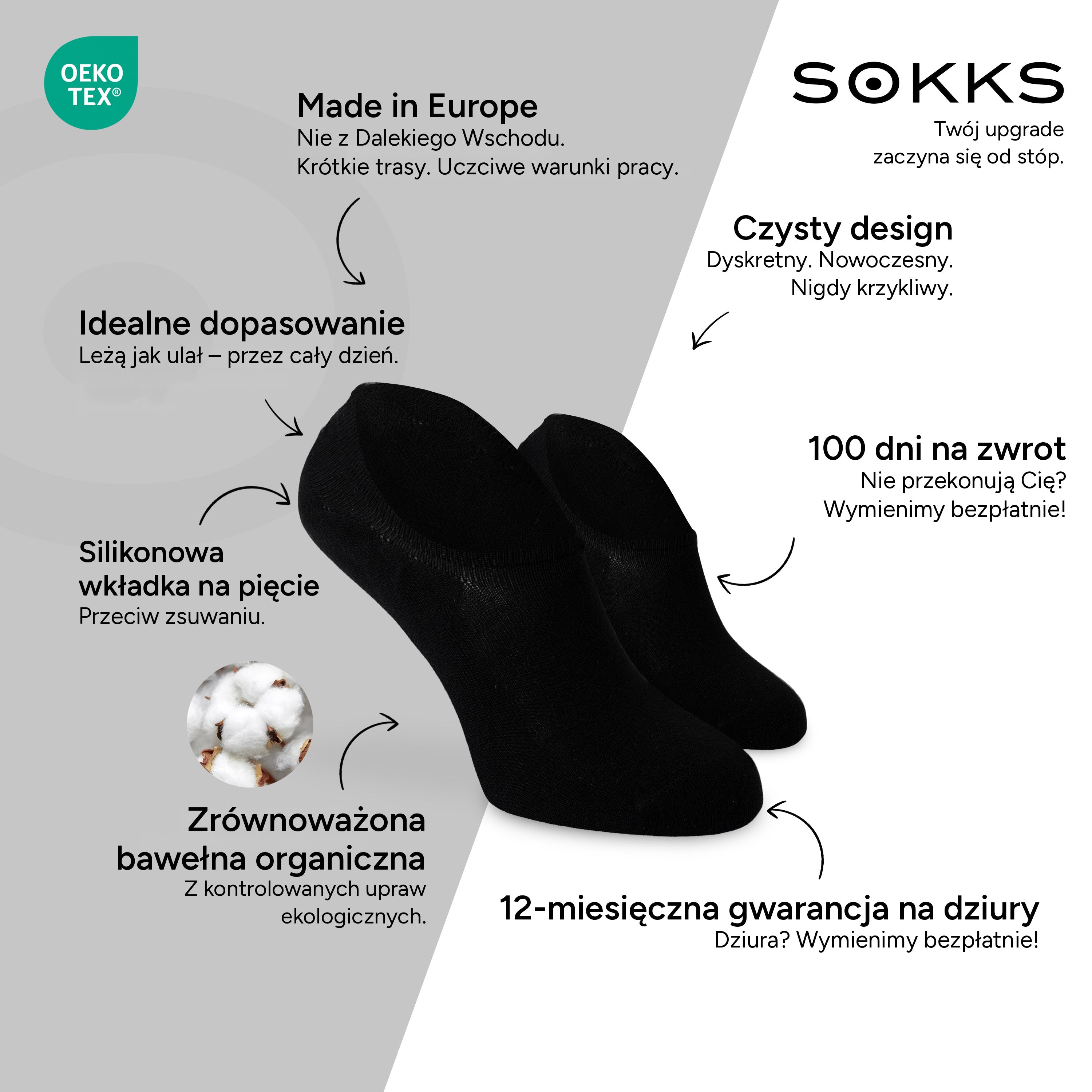 SOKKS Stopki Czarne – niewidoczne skarpetki do sneakersów z Bawełny — Zalety: Made in Europe, bawełna organiczna, 100 dni na zwrot, 12-miesięczna gwarancja na dziury