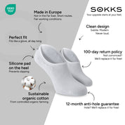 SOKKS No-Show Socks White – invisible sneaker socks in Cotton — Benefits: Made in Europe, organic cotton, 100-day return policy, 12-month anti-hole guarantee