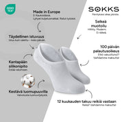 SOKKS Varrettomat sukat Valkoiset – näkymättömät sneakersukat, puuvillaa — Edut: Made in Europe, luomupuuvilla, 100 päivän palautusoikeus, 12 kuukauden takuu reikiä vastaan