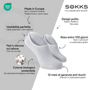 SOKKS Fantasmini Bianco – calzini invisibili per sneaker in Cotone — Vantaggi: Made in Europe, cotone biologico, reso entro 100 giorni, 12 mesi di garanzia anti-buchi