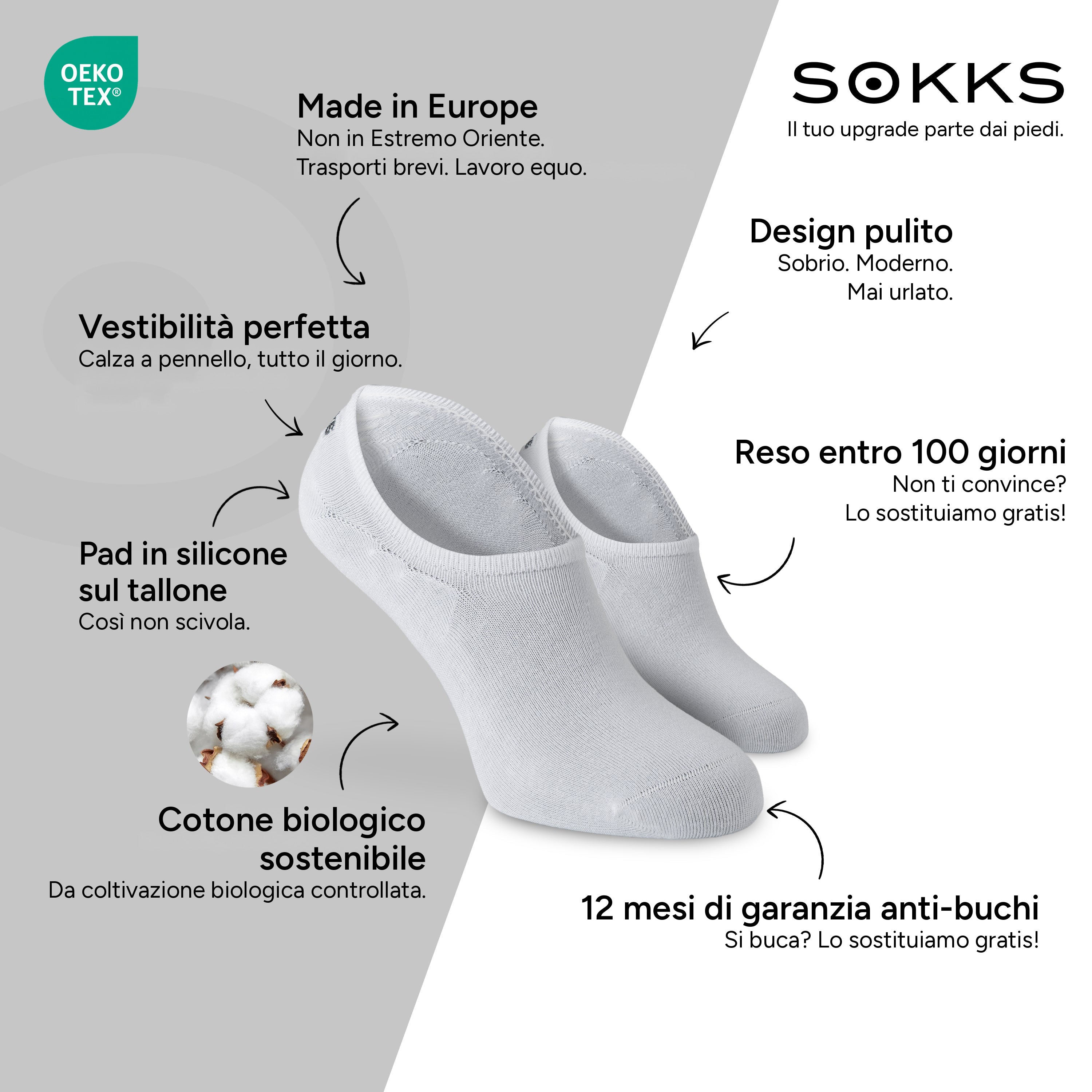 SOKKS Fantasmini Bianco – calzini invisibili per sneaker in Cotone — Vantaggi: Made in Europe, cotone biologico, reso entro 100 giorni, 12 mesi di garanzia anti-buchi