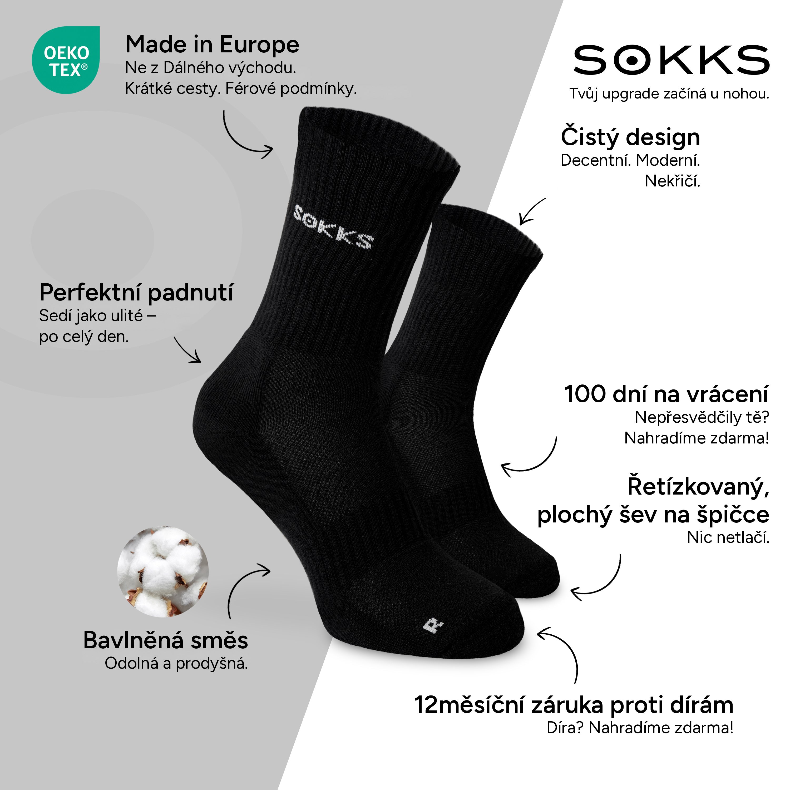 SOKKS Vysoké běžecké ponožky Černé z bavlněné směsi — Výhody: Made in Europe, bavlněná směs, 100 dní na vrácení, 12měsíční záruka proti dírám