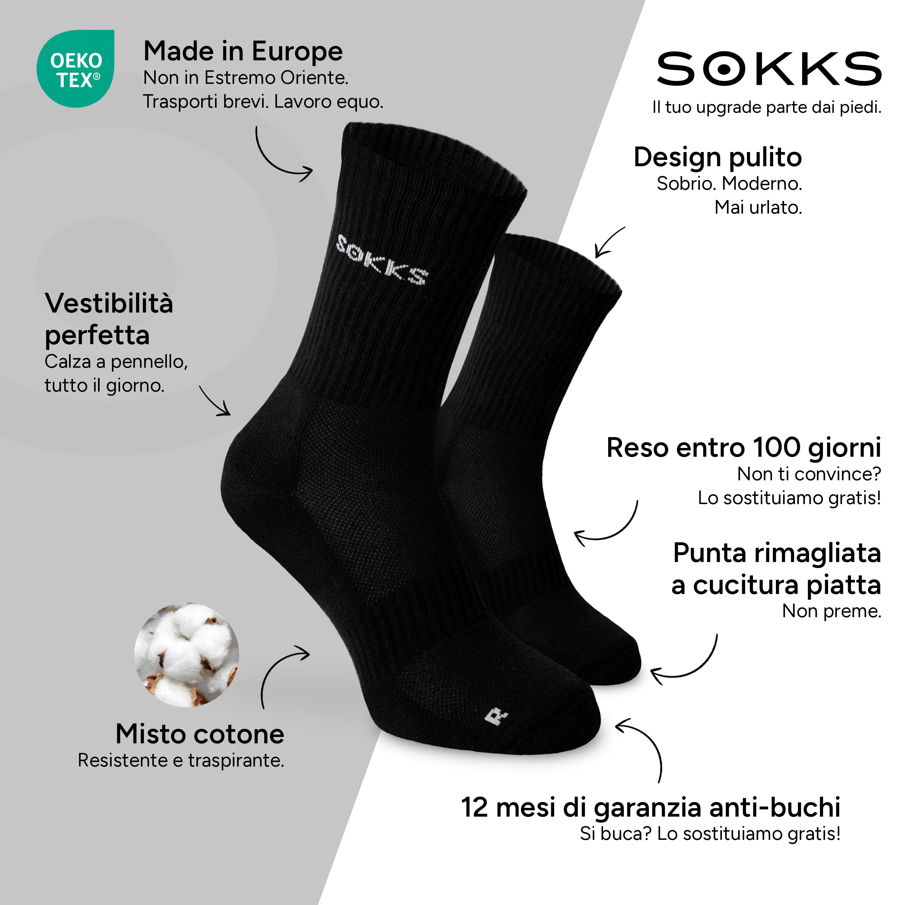 SOKKS Calze da Running Alte Nero in Misto Cotone — Vantaggi: Made in Europe, misto cotone, reso entro 100 giorni, 12 mesi di garanzia anti-buchi