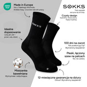 SOKKS Wysokie Skarpetki do Biegania Czarne z Mieszanki Bawełnianej — Zalety: Made in Europe, mieszanka bawełniana, 100 dni na zwrot, 12-miesięczna gwarancja na dziury