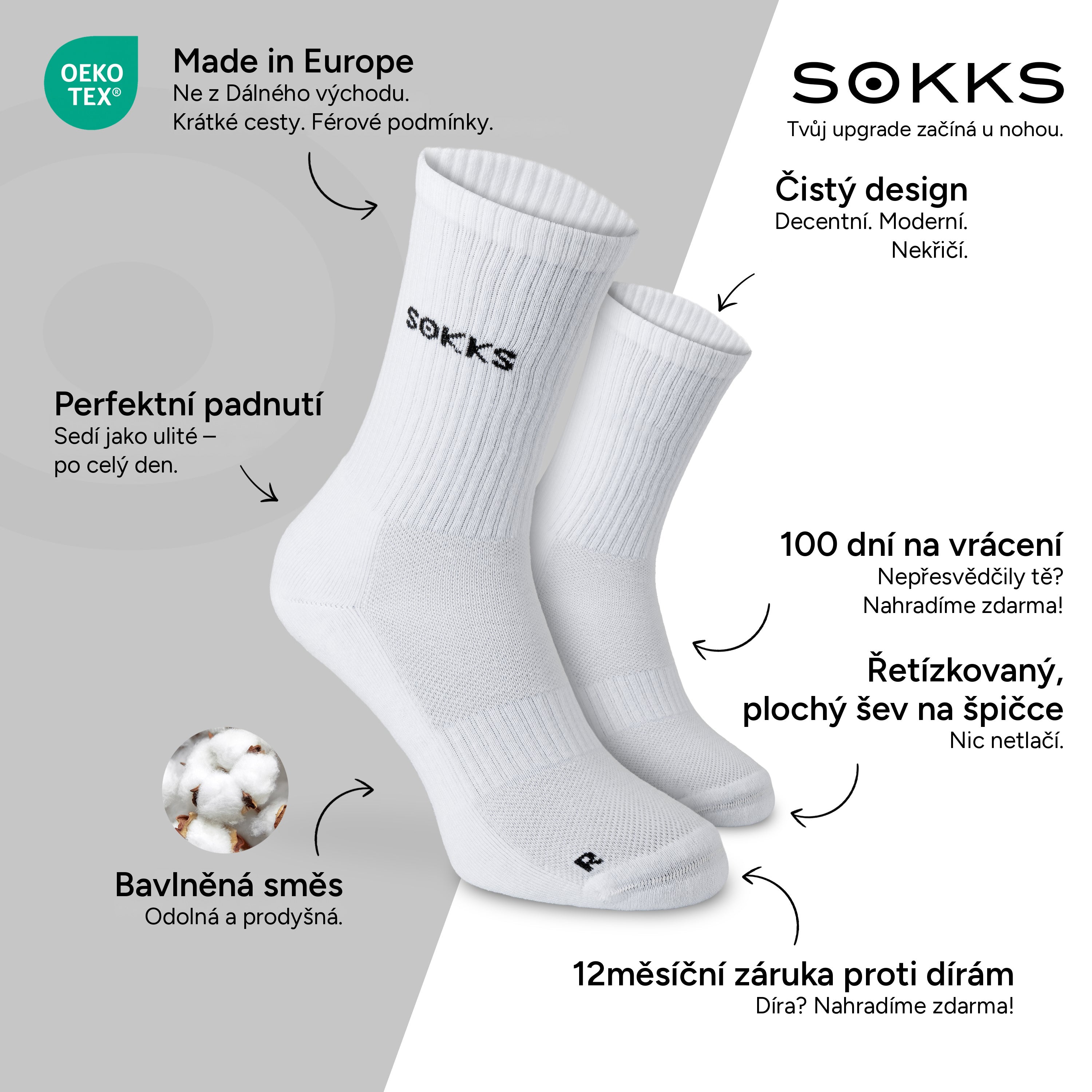 SOKKS Vysoké běžecké ponožky Bílé z bavlněné směsi — Výhody: Made in Europe, bavlněná směs, 100 dní na vrácení, 12měsíční záruka proti dírám