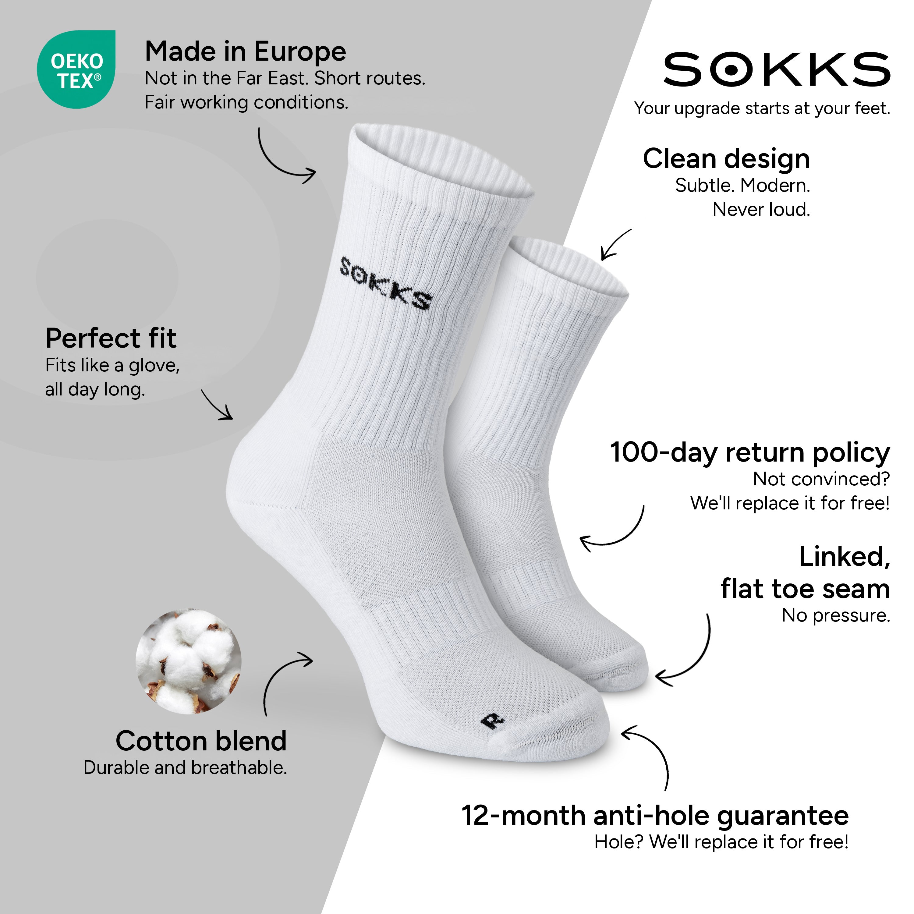 SOKKS High Running Socks White in Cotton Blend — Benefits: Made in Europe, cotton blend, 100-day return policy, 12-month anti-hole guarantee