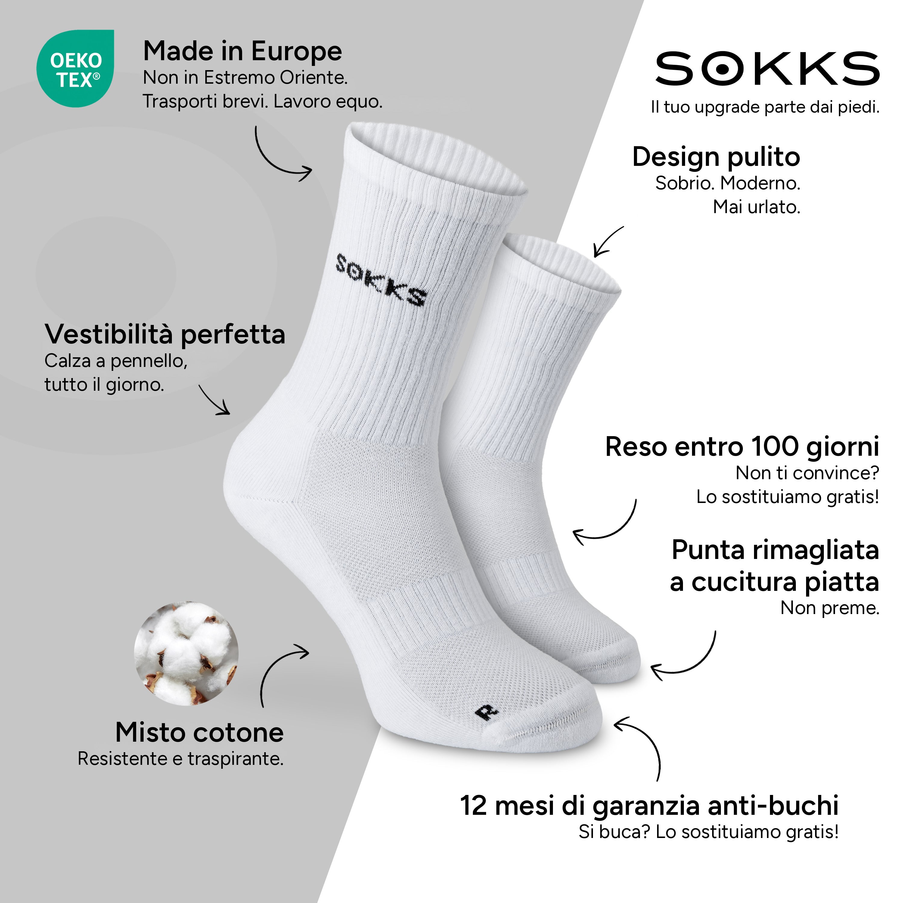 SOKKS Calze da Running Alte Bianco in Misto Cotone — Vantaggi: Made in Europe, misto cotone, reso entro 100 giorni, 12 mesi di garanzia anti-buchi