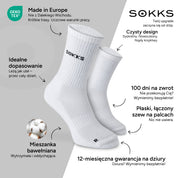 SOKKS Wysokie Skarpetki do Biegania Białe z Mieszanki Bawełnianej — Zalety: Made in Europe, mieszanka bawełniana, 100 dni na zwrot, 12-miesięczna gwarancja na dziury