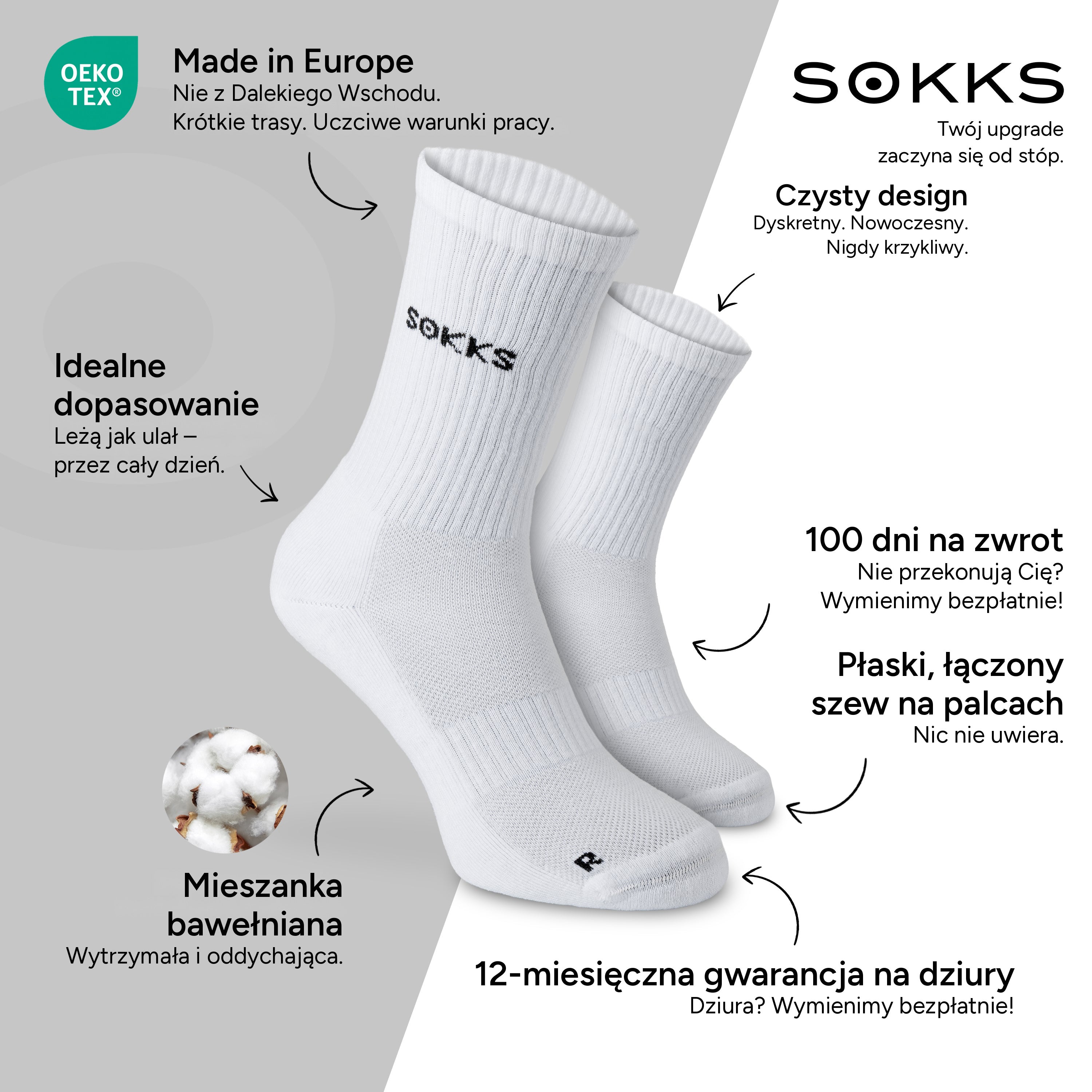 SOKKS Wysokie Skarpetki do Biegania Białe z Mieszanki Bawełnianej — Zalety: Made in Europe, mieszanka bawełniana, 100 dni na zwrot, 12-miesięczna gwarancja na dziury