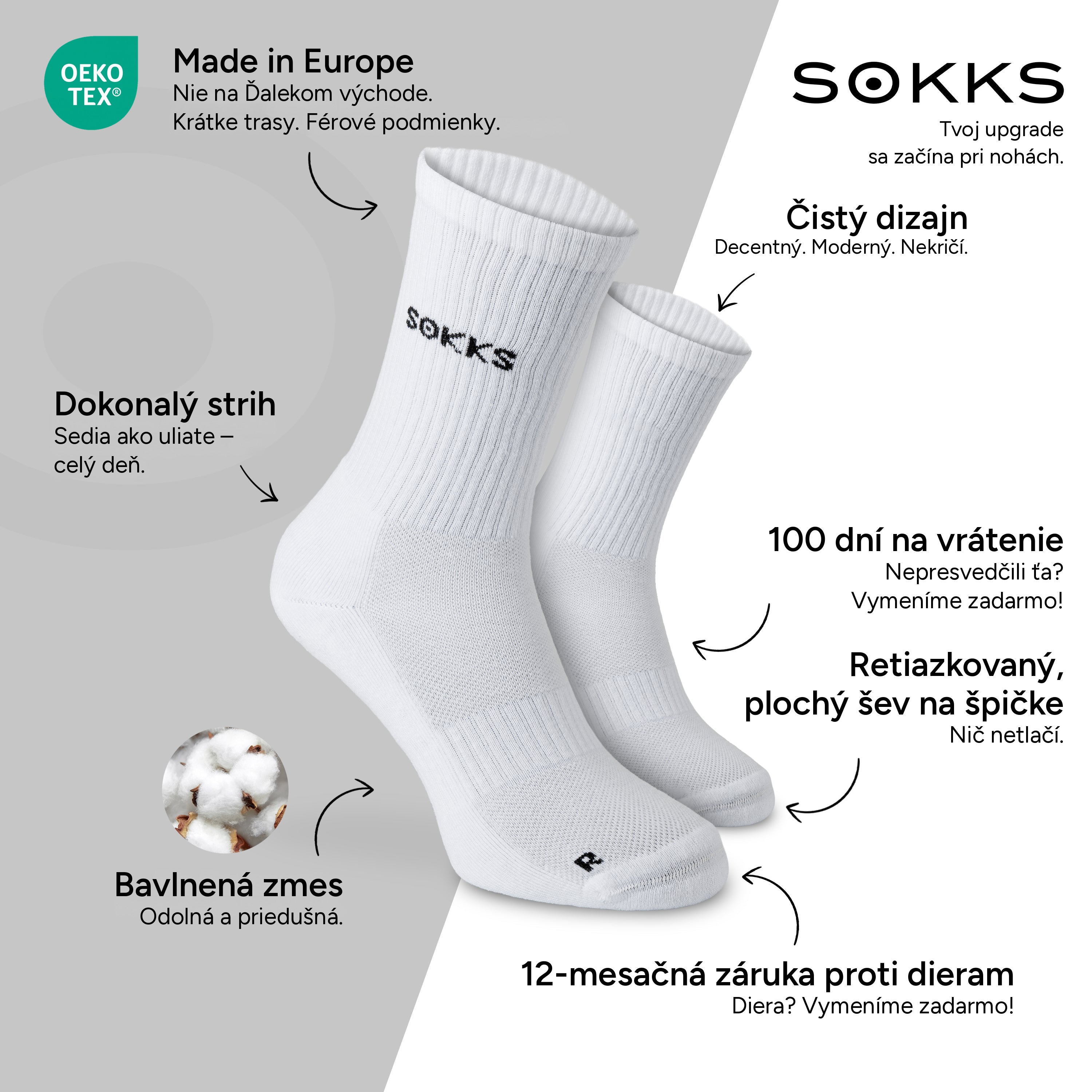 SOKKS Vysoké bežecké ponožky Biele z bavlnenej zmesi — Výhody: Made in Europe, bavlnená zmes, 100 dní na vrátenie, 12-mesačná záruka proti dieram