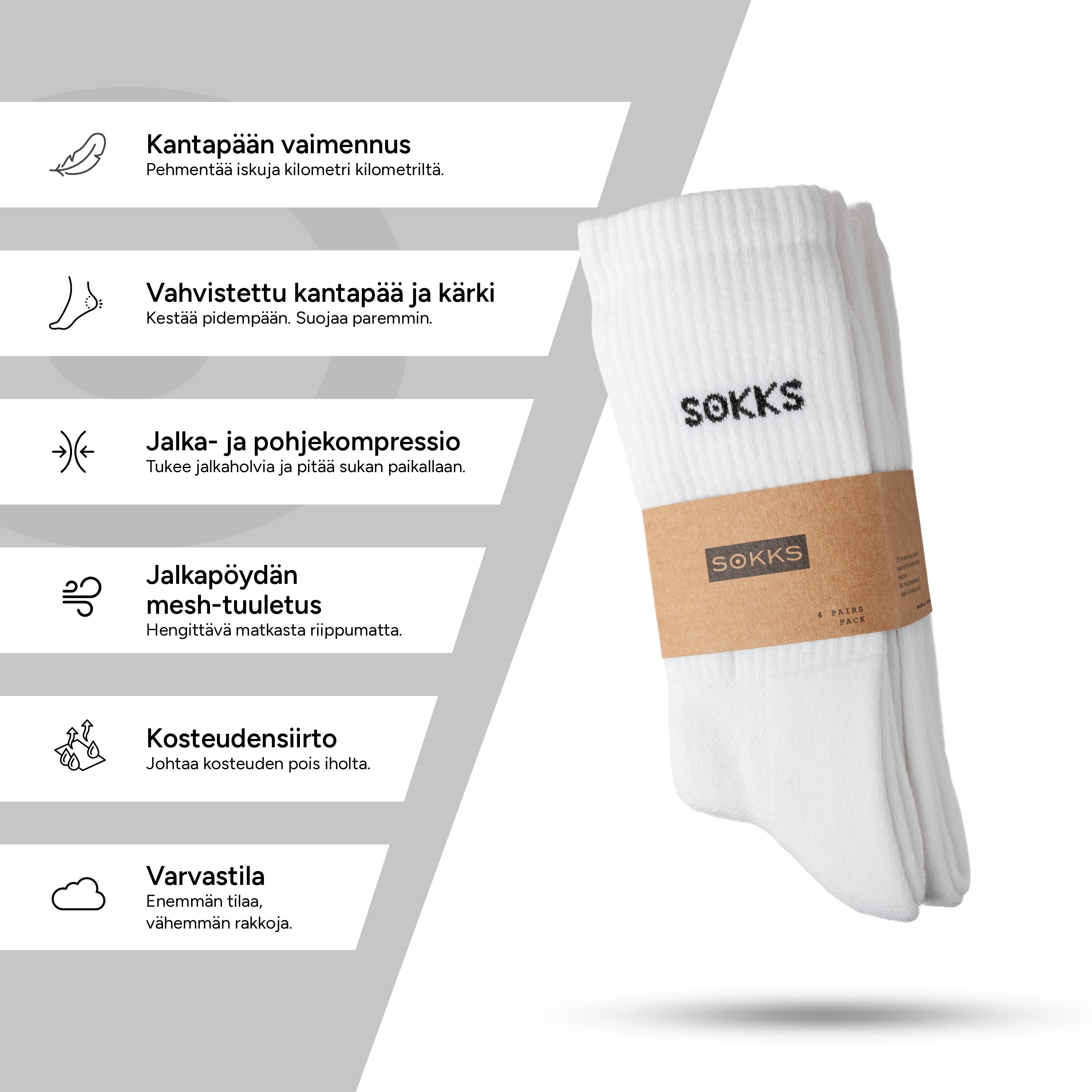 SOKKS Korkeat juoksusukat Valkoiset, puuvillasekoitetta — Näkymä 4