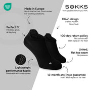 SOKKS Running Socks Black in Lightweight Performance Fabric — Benefits: Made in Europe, performance fabric, 100-day return policy, 12-month anti-hole guarantee