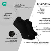 SOKKS Juoksusukat Mustat, kevyttä teknistä materiaalia — Edut: Made in Europe, tekninen materiaali, 100 päivän palautusoikeus, 12 kuukauden takuu reikiä vastaan