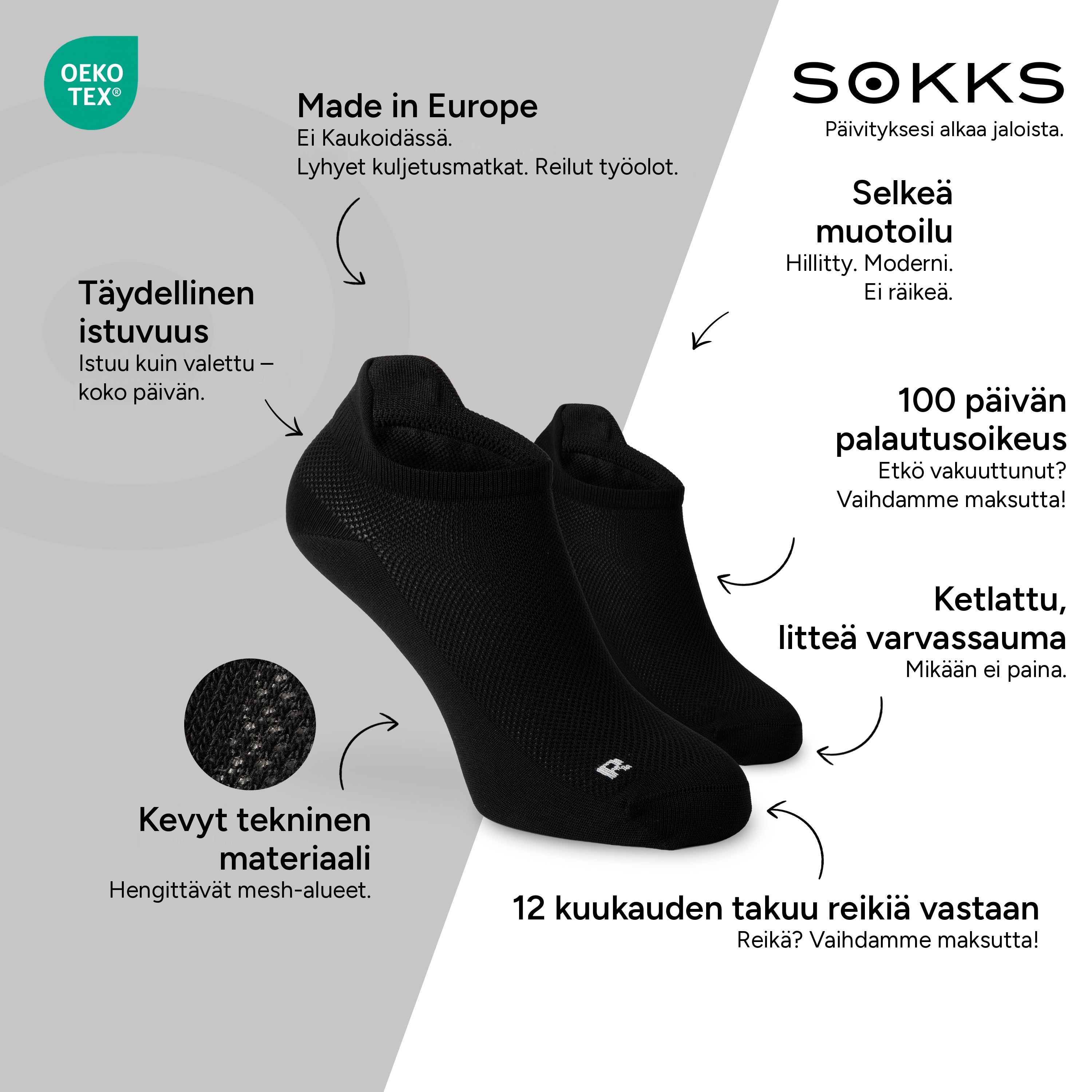 SOKKS Juoksusukat Mustat, kevyttä teknistä materiaalia — Edut: Made in Europe, tekninen materiaali, 100 päivän palautusoikeus, 12 kuukauden takuu reikiä vastaan