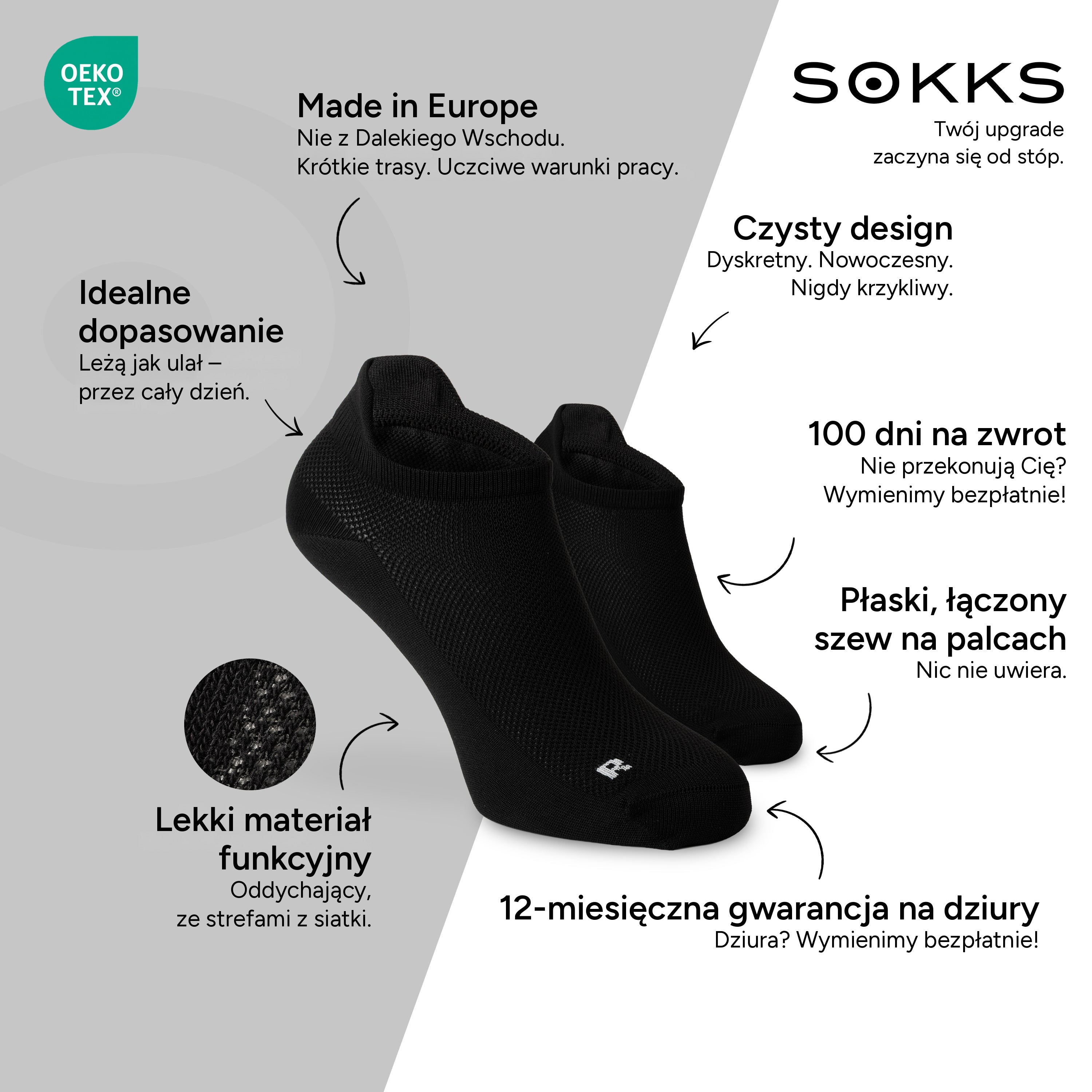 SOKKS Skarpetki do Biegania Czarne z Lekkiego Materiału Funkcyjnego — Zalety: Made in Europe, materiał funkcyjny, 100 dni na zwrot, 12-miesięczna gwarancja na dziury