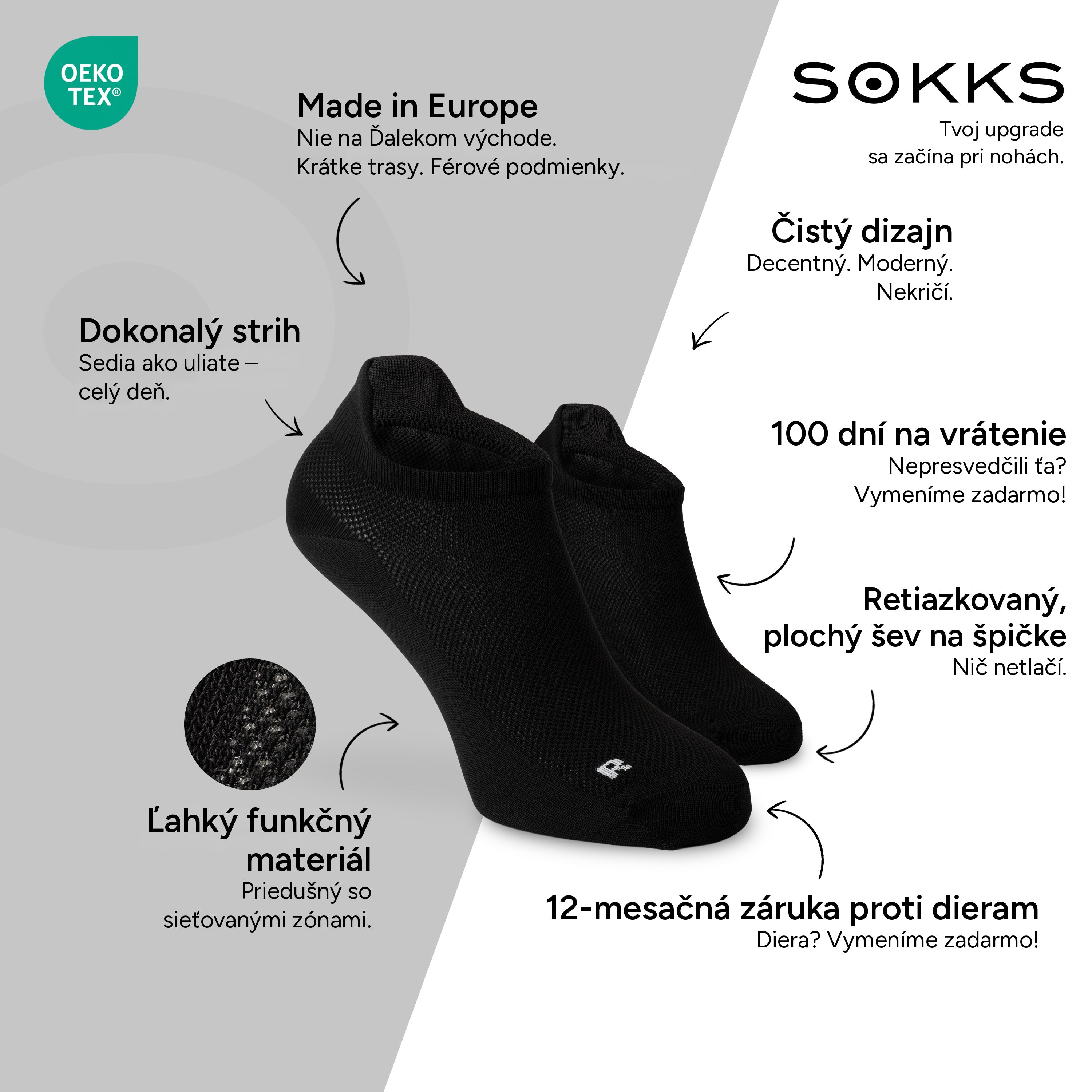 SOKKS Bežecké ponožky Čierne z ľahkého funkčného materiálu — Výhody: Made in Europe, funkčný materiál, 100 dní na vrátenie, 12-mesačná záruka proti dieram