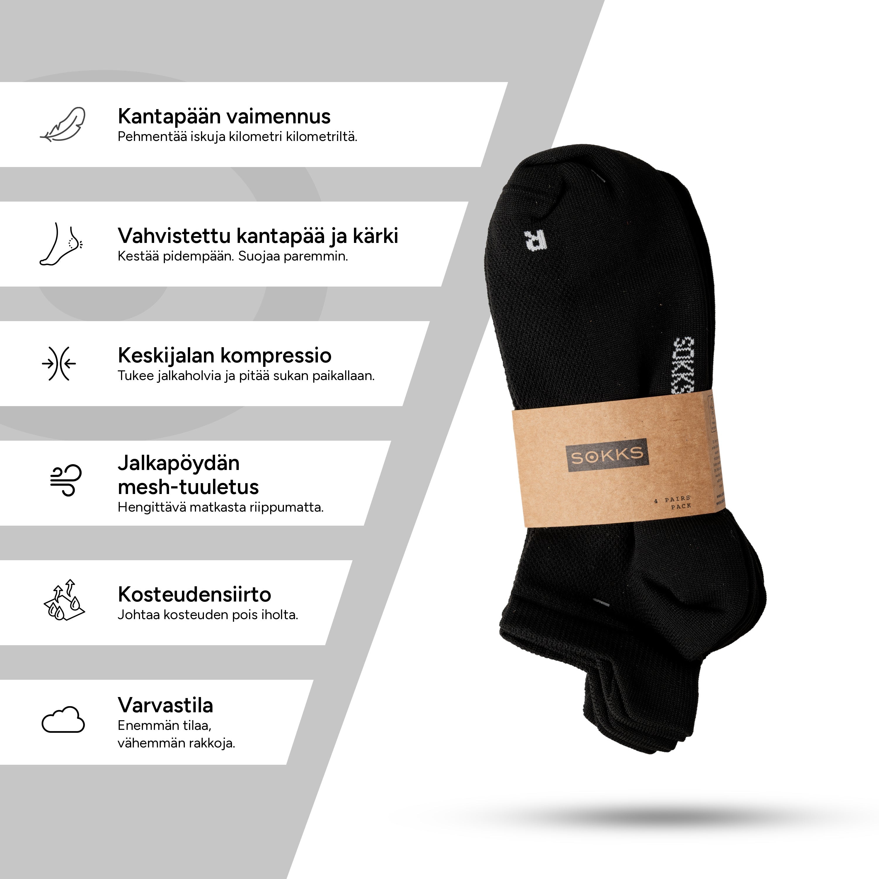 SOKKS Juoksusukat Mustat, kevyttä teknistä materiaalia — Näkymä 4