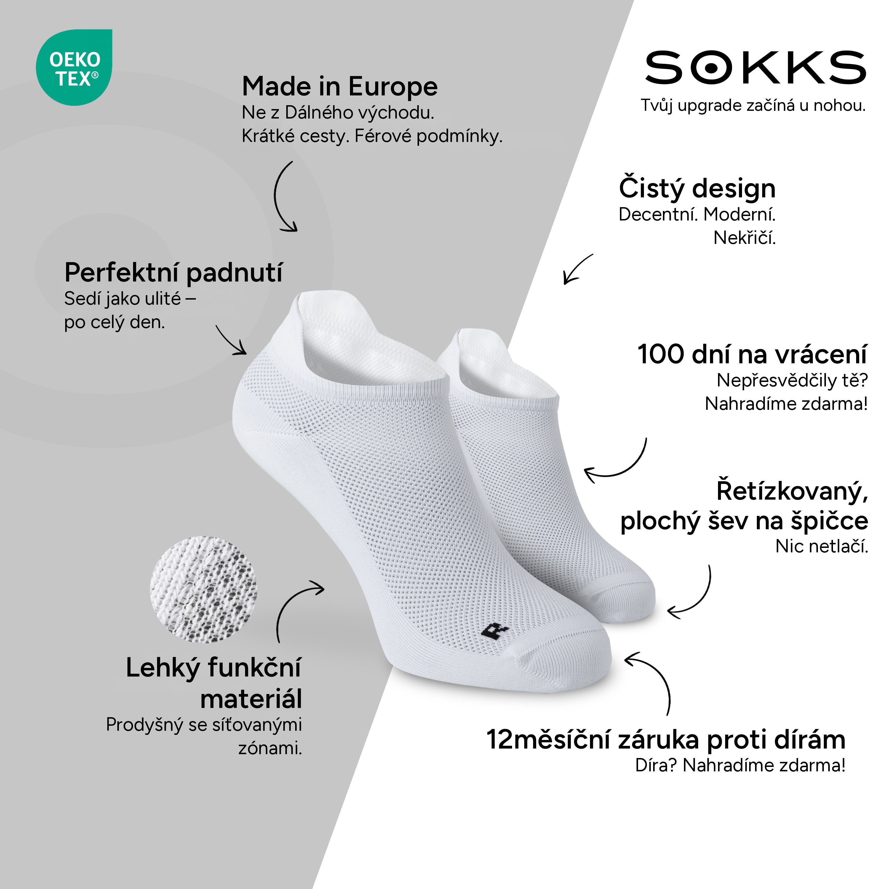 SOKKS Běžecké ponožky Bílé z lehkého funkčního materiálu — Výhody: Made in Europe, funkční materiál, 100 dní na vrácení, 12měsíční záruka proti dírám