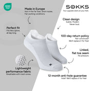 SOKKS Running Socks White in Lightweight Performance Fabric — Benefits: Made in Europe, performance fabric, 100-day return policy, 12-month anti-hole guarantee