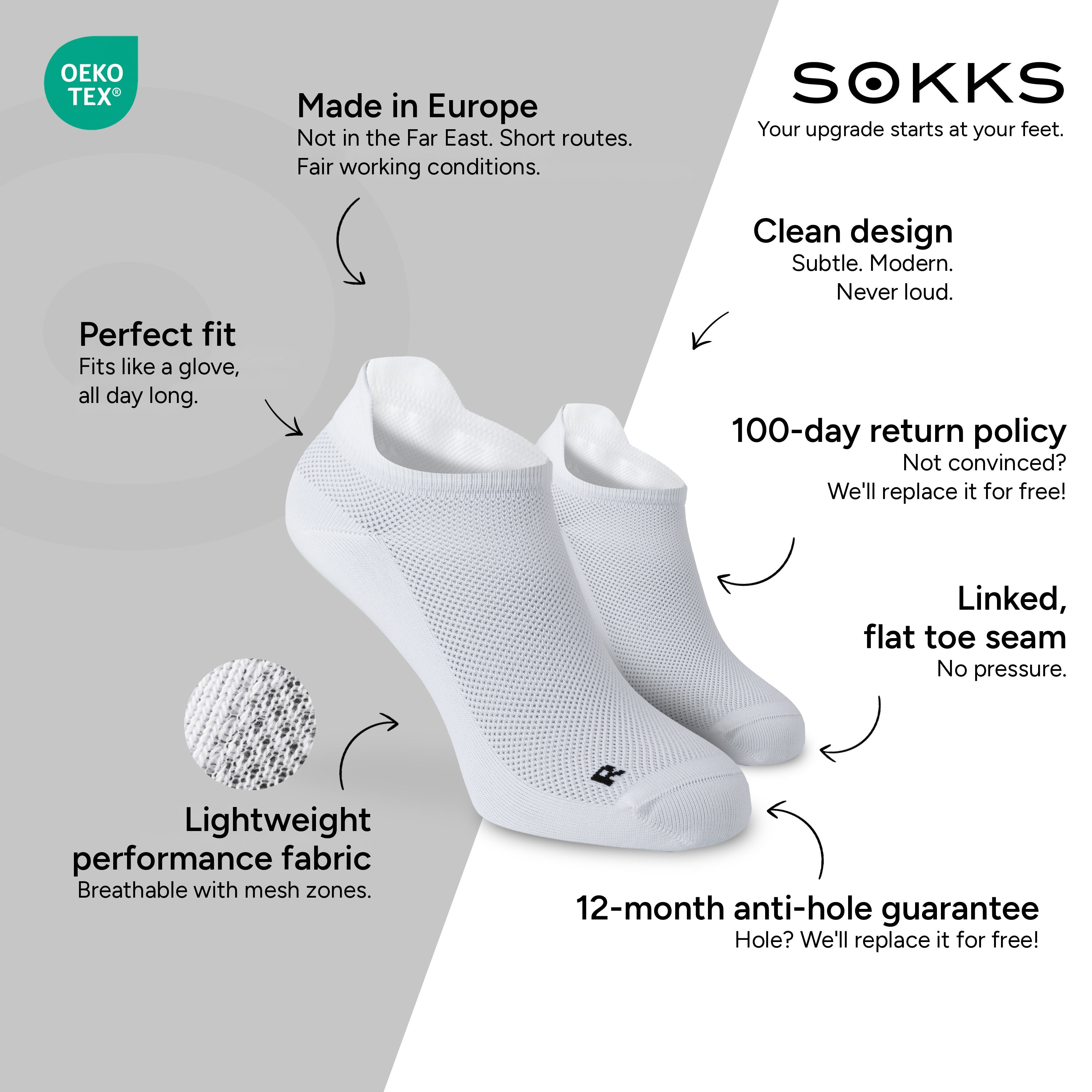 SOKKS Running Socks White in Lightweight Performance Fabric — Benefits: Made in Europe, performance fabric, 100-day return policy, 12-month anti-hole guarantee
