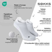 SOKKS Juoksusukat Valkoiset, kevyttä teknistä materiaalia — Edut: Made in Europe, tekninen materiaali, 100 päivän palautusoikeus, 12 kuukauden takuu reikiä vastaan