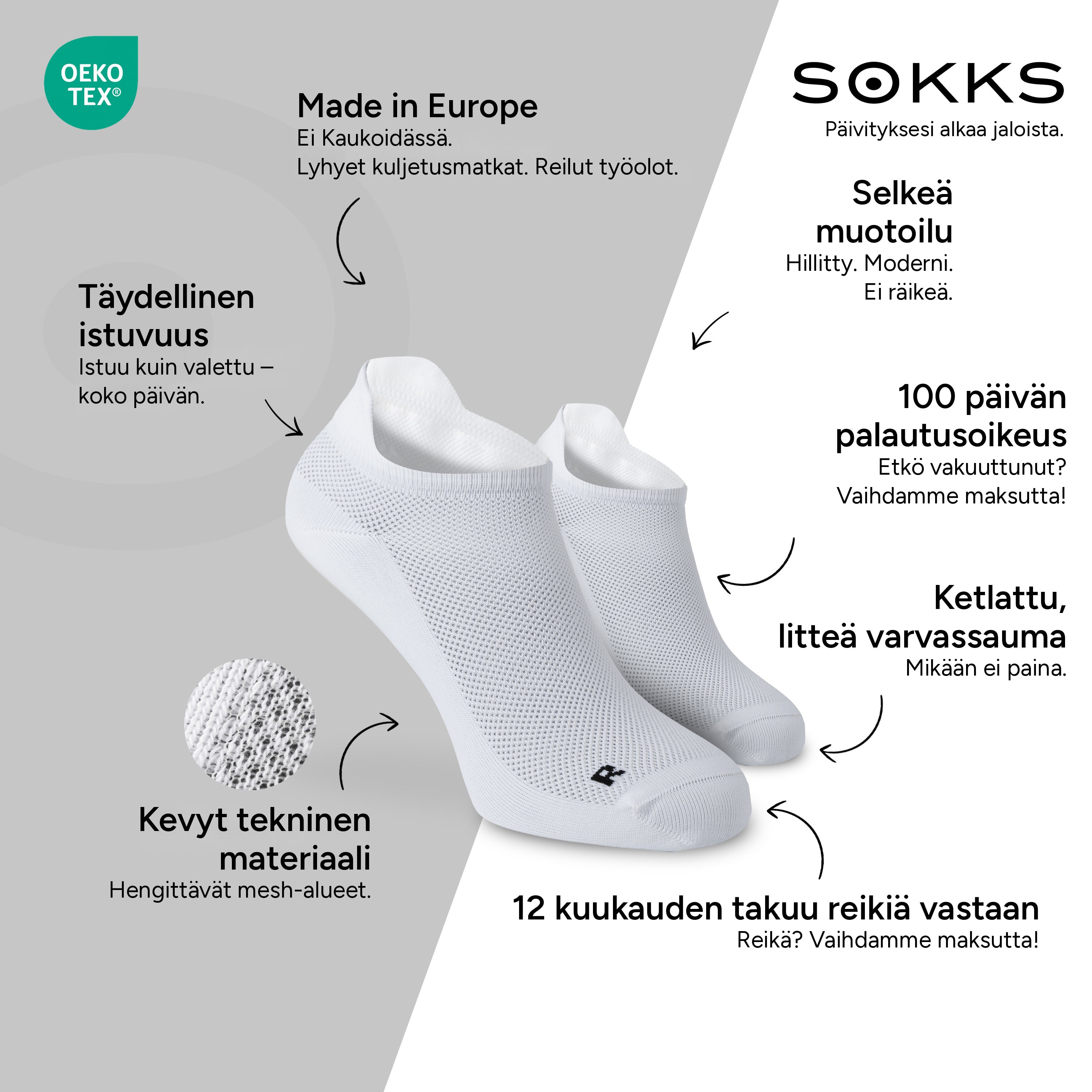 SOKKS Juoksusukat Valkoiset, kevyttä teknistä materiaalia — Edut: Made in Europe, tekninen materiaali, 100 päivän palautusoikeus, 12 kuukauden takuu reikiä vastaan