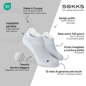 SOKKS Calze da Running Bianco in Tessuto Tecnico Leggero — Vantaggi: Made in Europe, tessuto tecnico, reso entro 100 giorni, 12 mesi di garanzia anti-buchi