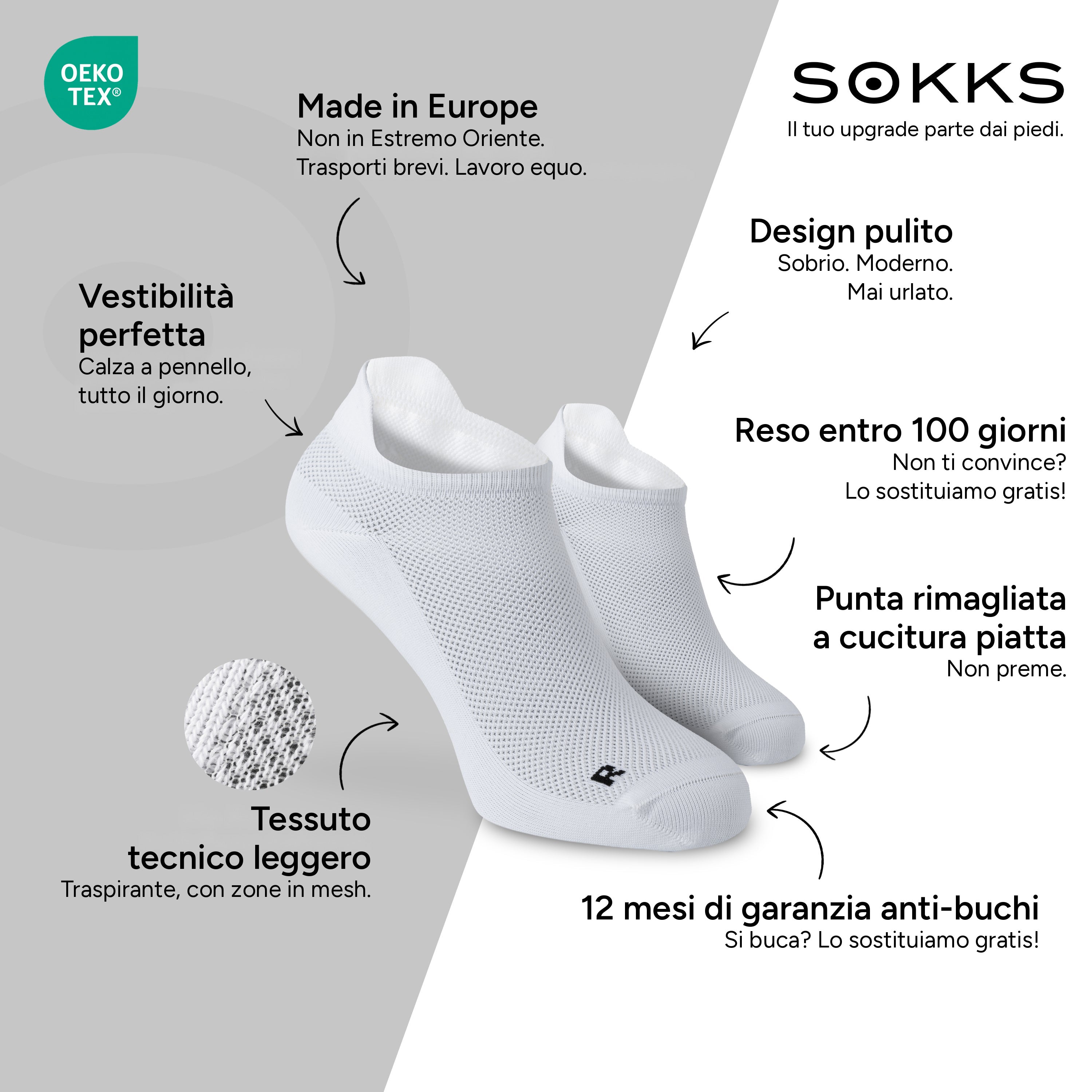 SOKKS Calze da Running Bianco in Tessuto Tecnico Leggero — Vantaggi: Made in Europe, tessuto tecnico, reso entro 100 giorni, 12 mesi di garanzia anti-buchi