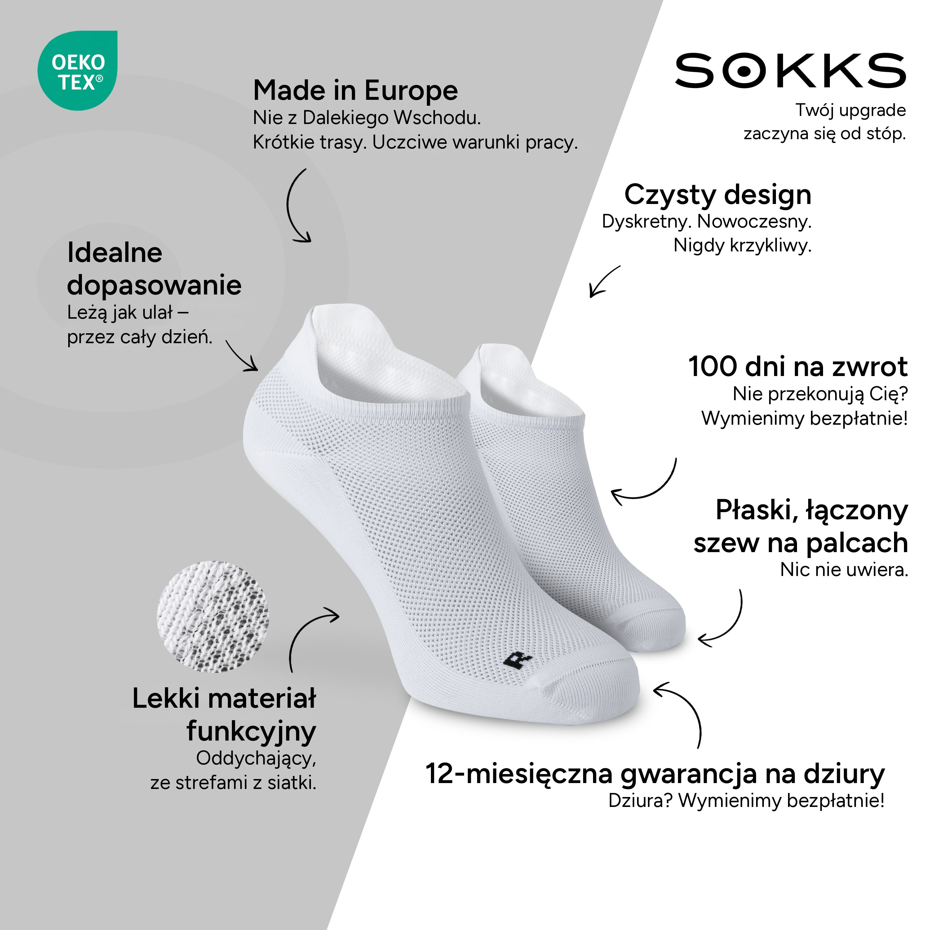 SOKKS Skarpetki do Biegania Białe z Lekkiego Materiału Funkcyjnego — Zalety: Made in Europe, materiał funkcyjny, 100 dni na zwrot, 12-miesięczna gwarancja na dziury