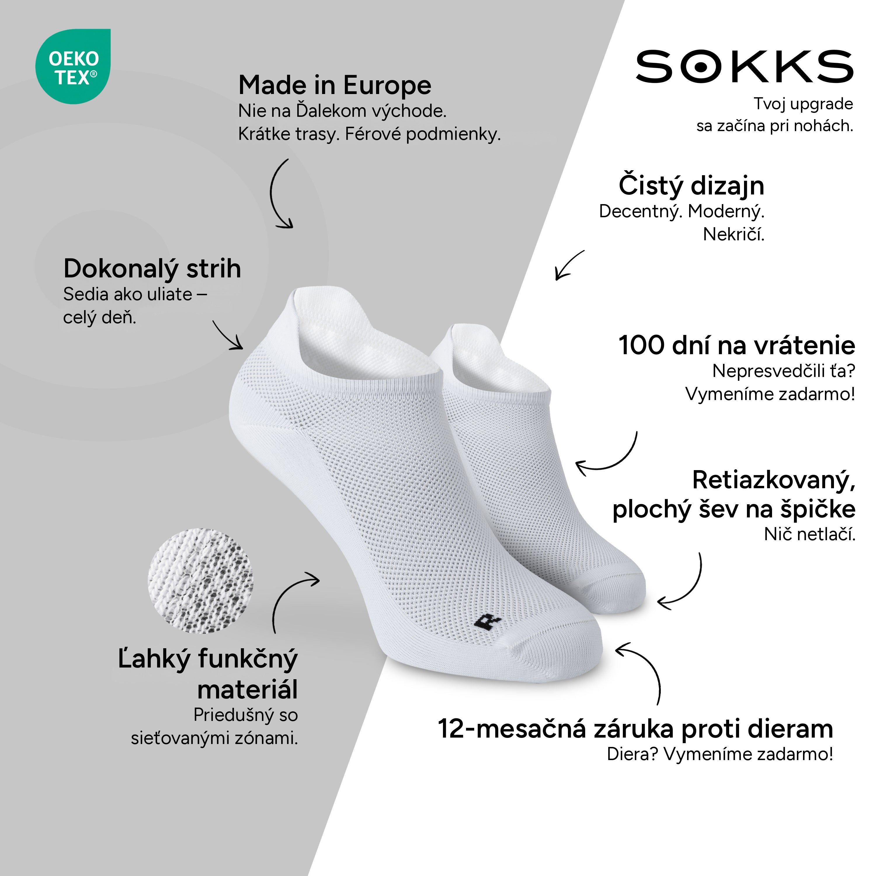 SOKKS Bežecké ponožky Biele z ľahkého funkčného materiálu — Výhody: Made in Europe, funkčný materiál, 100 dní na vrátenie, 12-mesačná záruka proti dieram