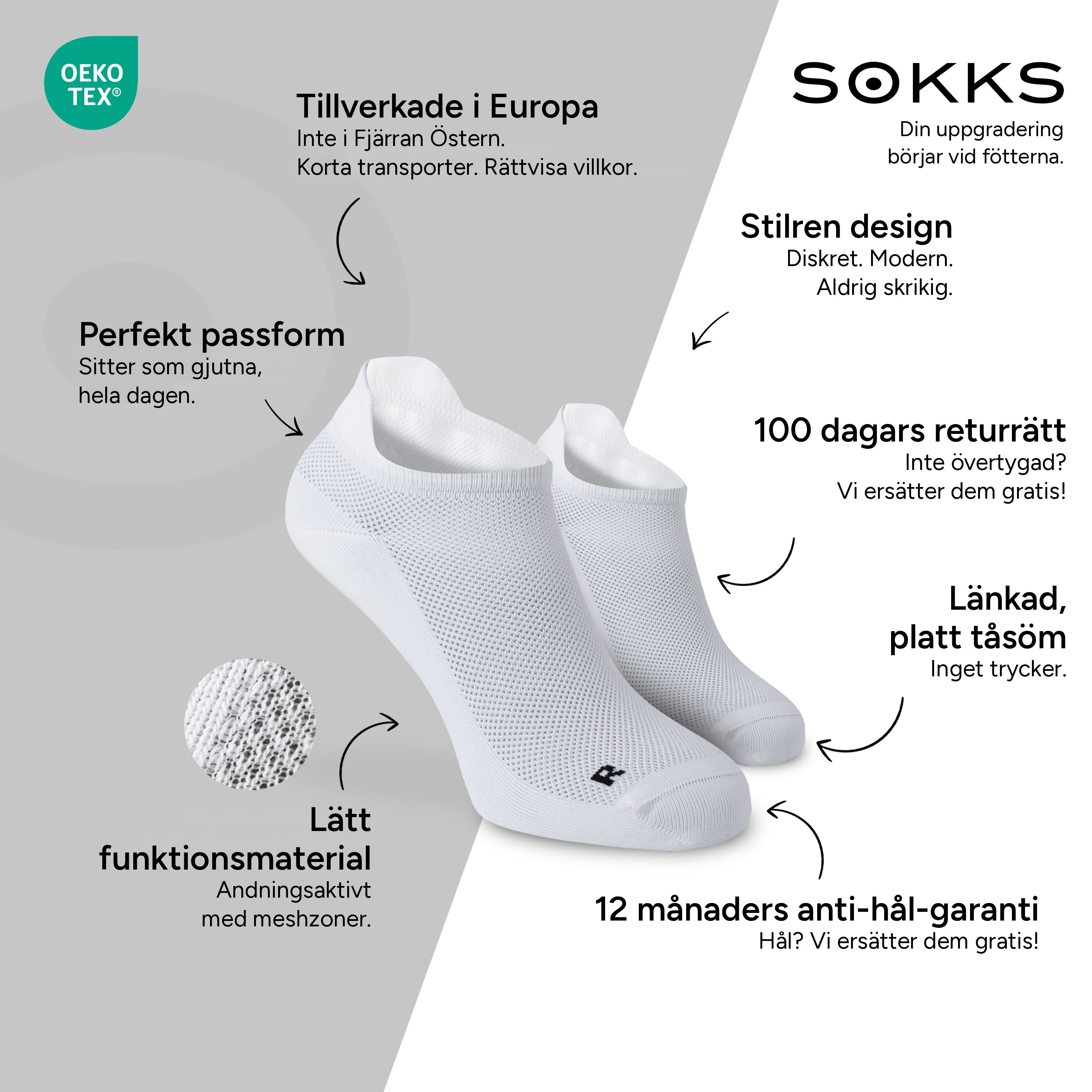 SOKKS Löparstrumpor Vit i Lätt Funktionsmaterial — Fördelar: Tillverkade i Europa, funktionsmaterial, 100 dagars returrätt, 12 månaders anti-hål-garanti