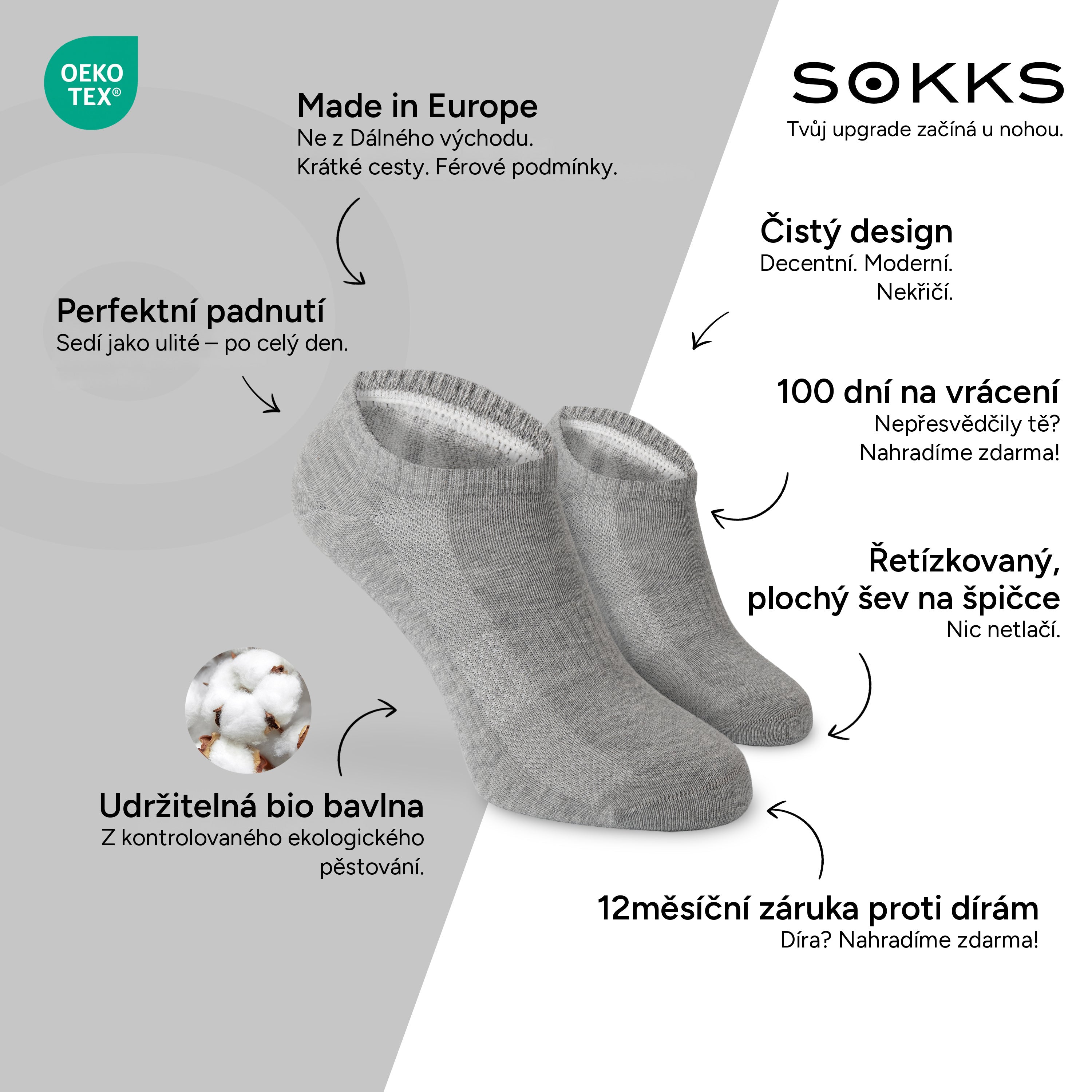 SOKKS Kotníkové ponožky (Quarter) Šedé z bavlny — Výhody: Made in Europe, bio bavlna, 100 dní na vrácení, 12měsíční záruka proti dírám