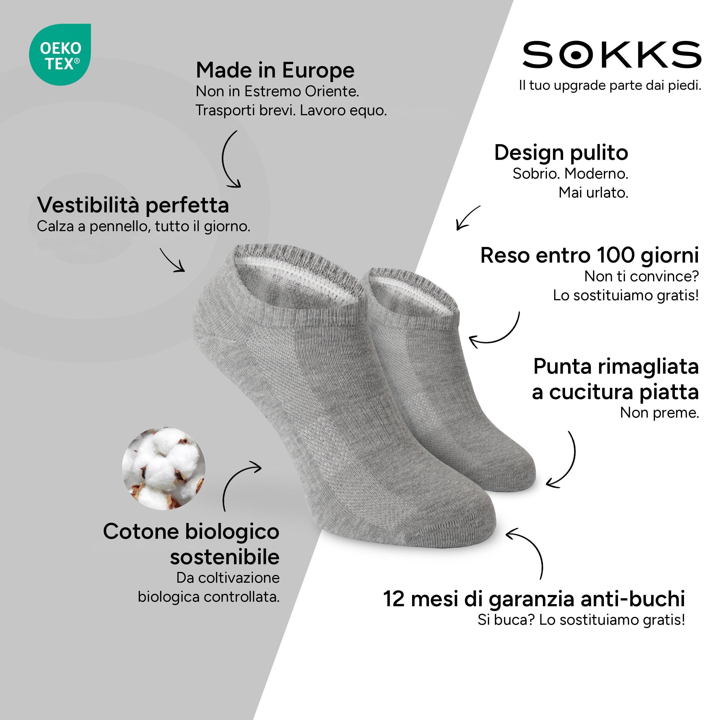 SOKKS Calzini Quarter Grigio in Cotone — Vantaggi: Made in Europe, cotone biologico, reso entro 100 giorni, 12 mesi di garanzia anti-buchi