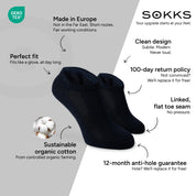 SOKKS Quarter Sneaker Socks Navy in Cotton — Benefits: Made in Europe, organic cotton, 100-day return policy, 12-month anti-hole guarantee