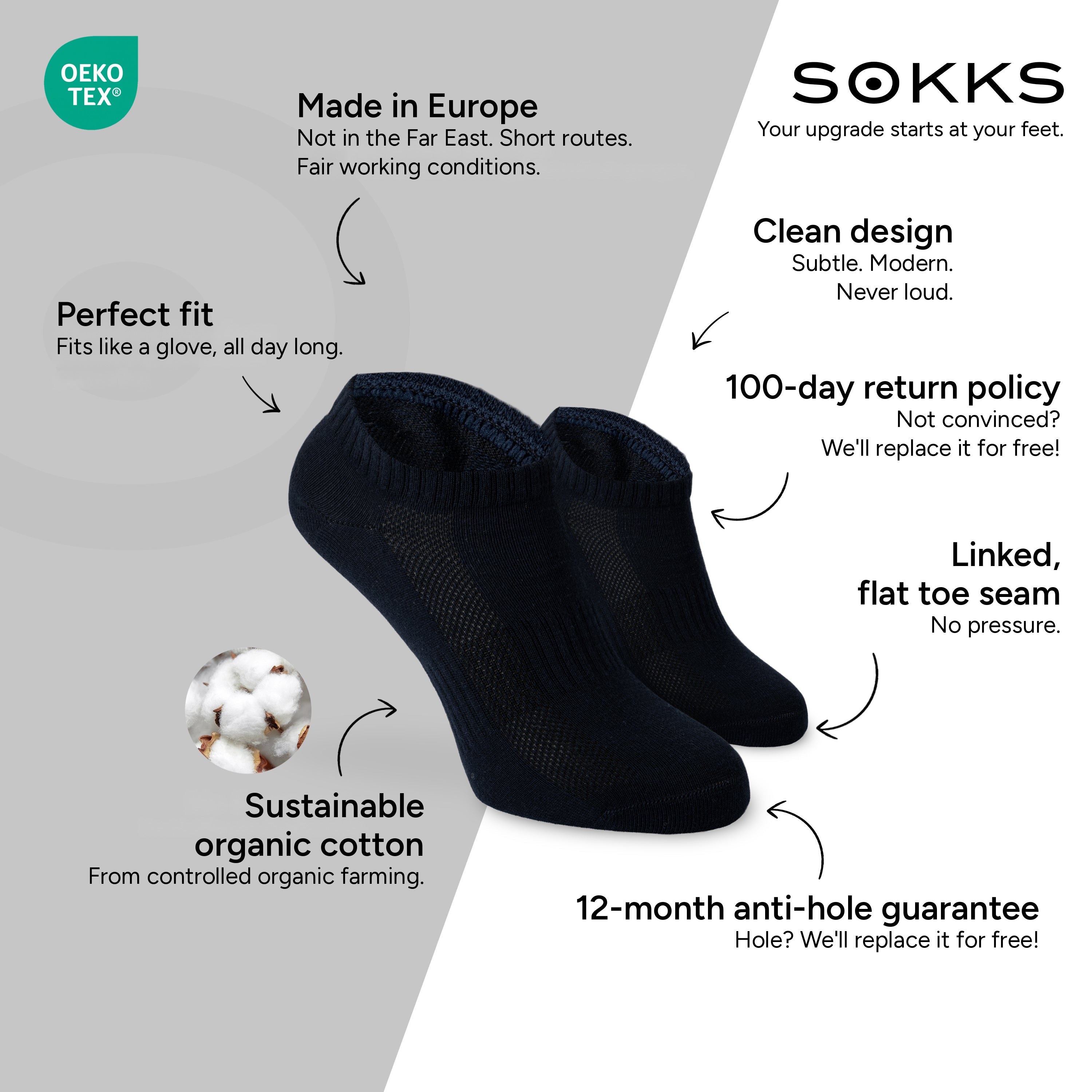 SOKKS Quarter Sneaker Socks Navy in Cotton — Benefits: Made in Europe, organic cotton, 100-day return policy, 12-month anti-hole guarantee