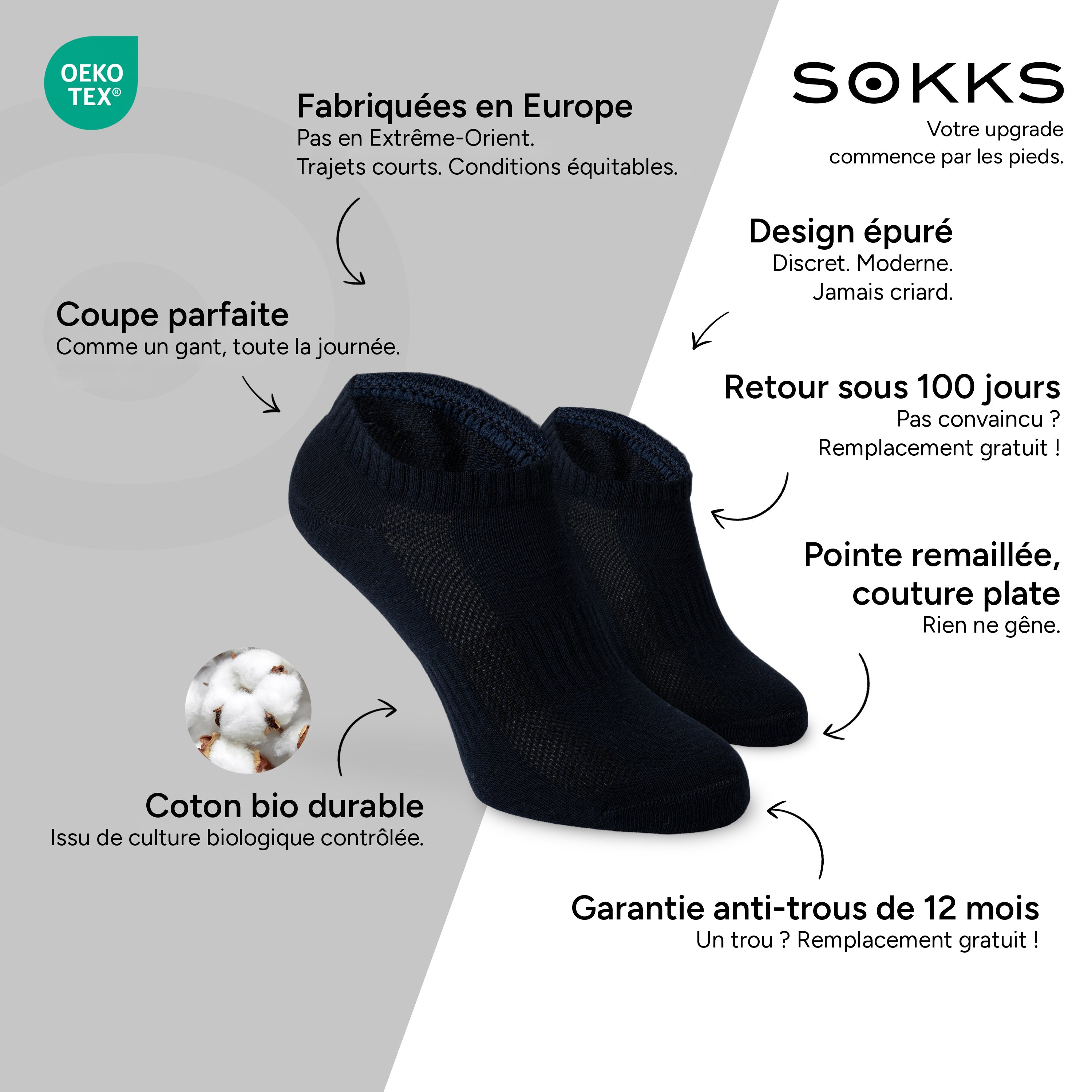 SOKKS Chaussettes Quarter Bleu Marine en Coton — Avantages : Fabriquées en Europe, coton bio, retour sous 100 jours, garantie anti-trous de 12 mois