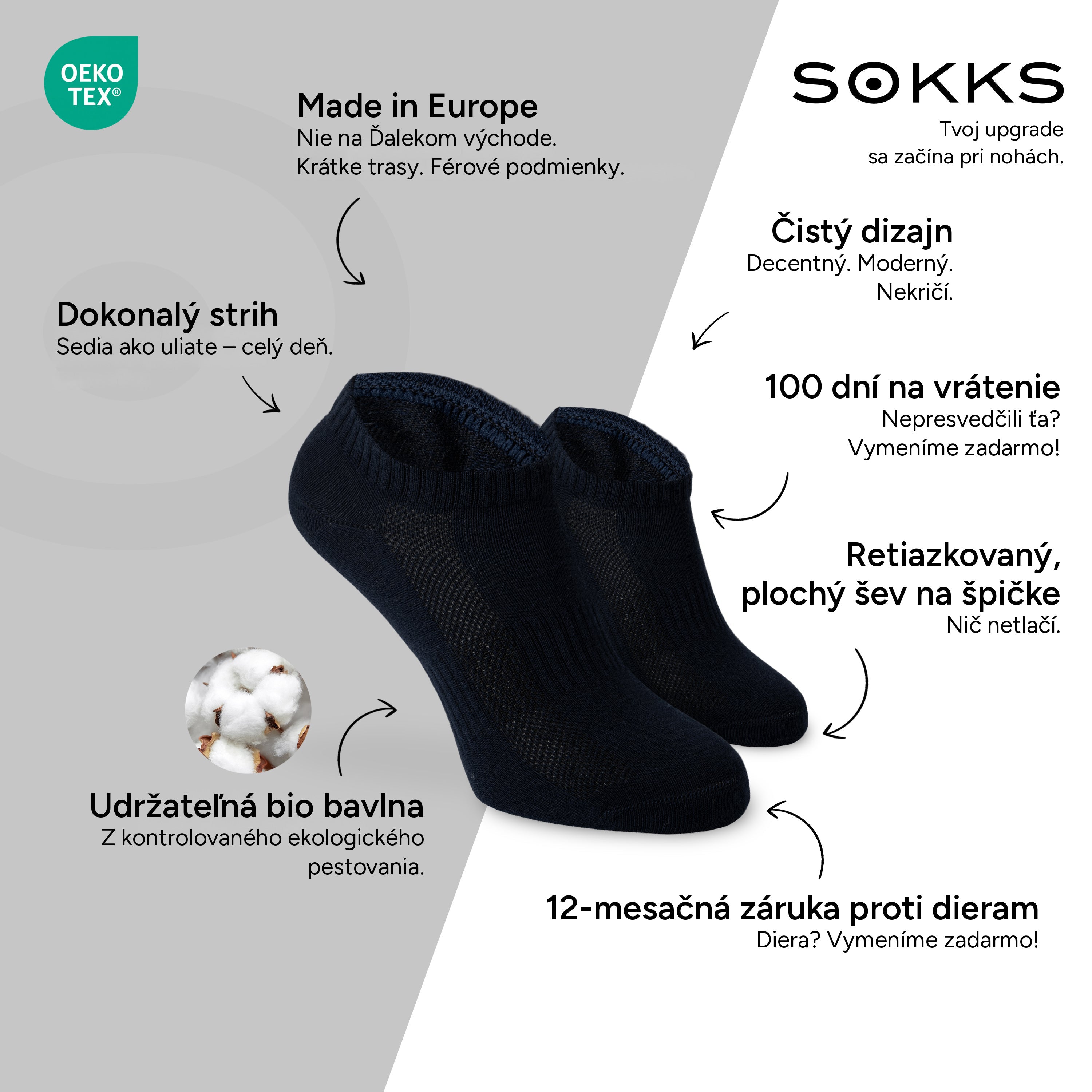 SOKKS Členkové ponožky (Quarter) Tmavomodré z bavlny — Výhody: Made in Europe, bio bavlna, 100 dní na vrátenie, 12-mesačná záruka proti dieram